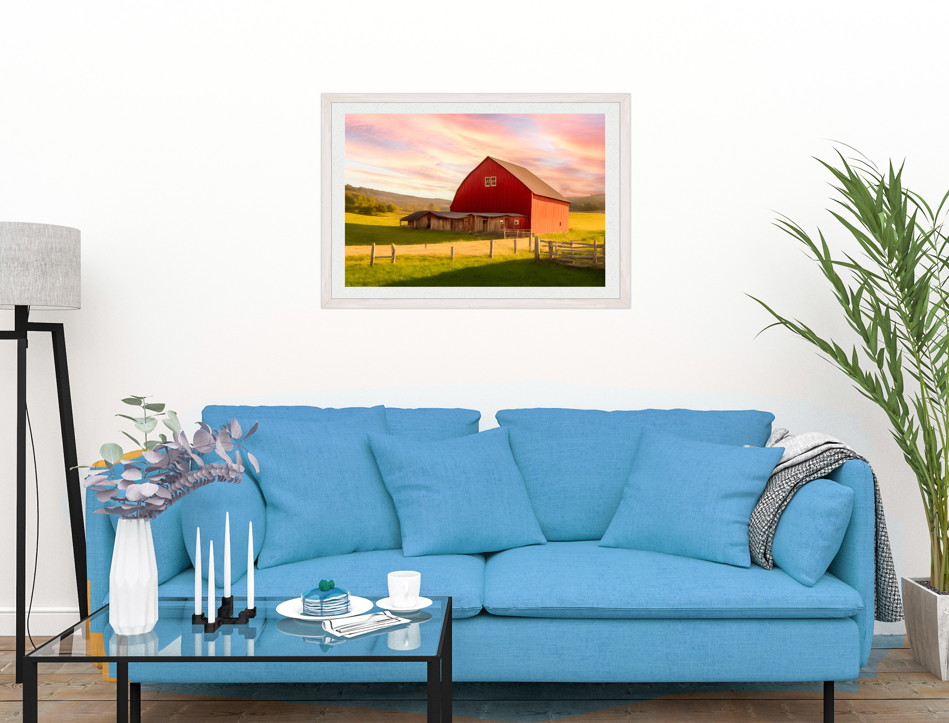 Painting of a Red Barn standing on a Field.  Printed on Fine Art Paper - Matted and White Frame. Hanging on Living Room Wall #2