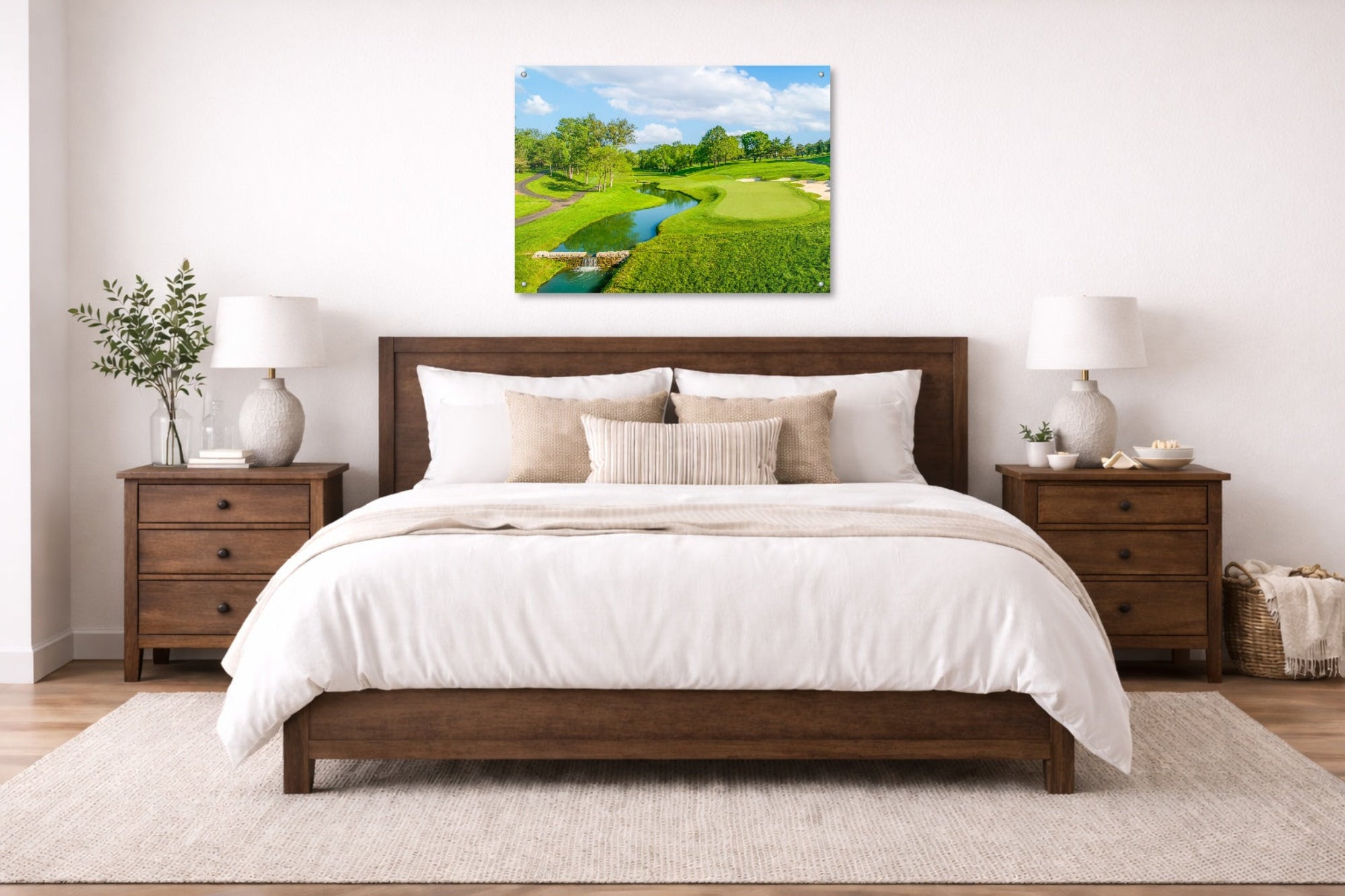 Green fairway at the 15th hole of Muirfield Village Golf Club printed on aluminum metal with wall anchors. Hung on a bedroom wall. 