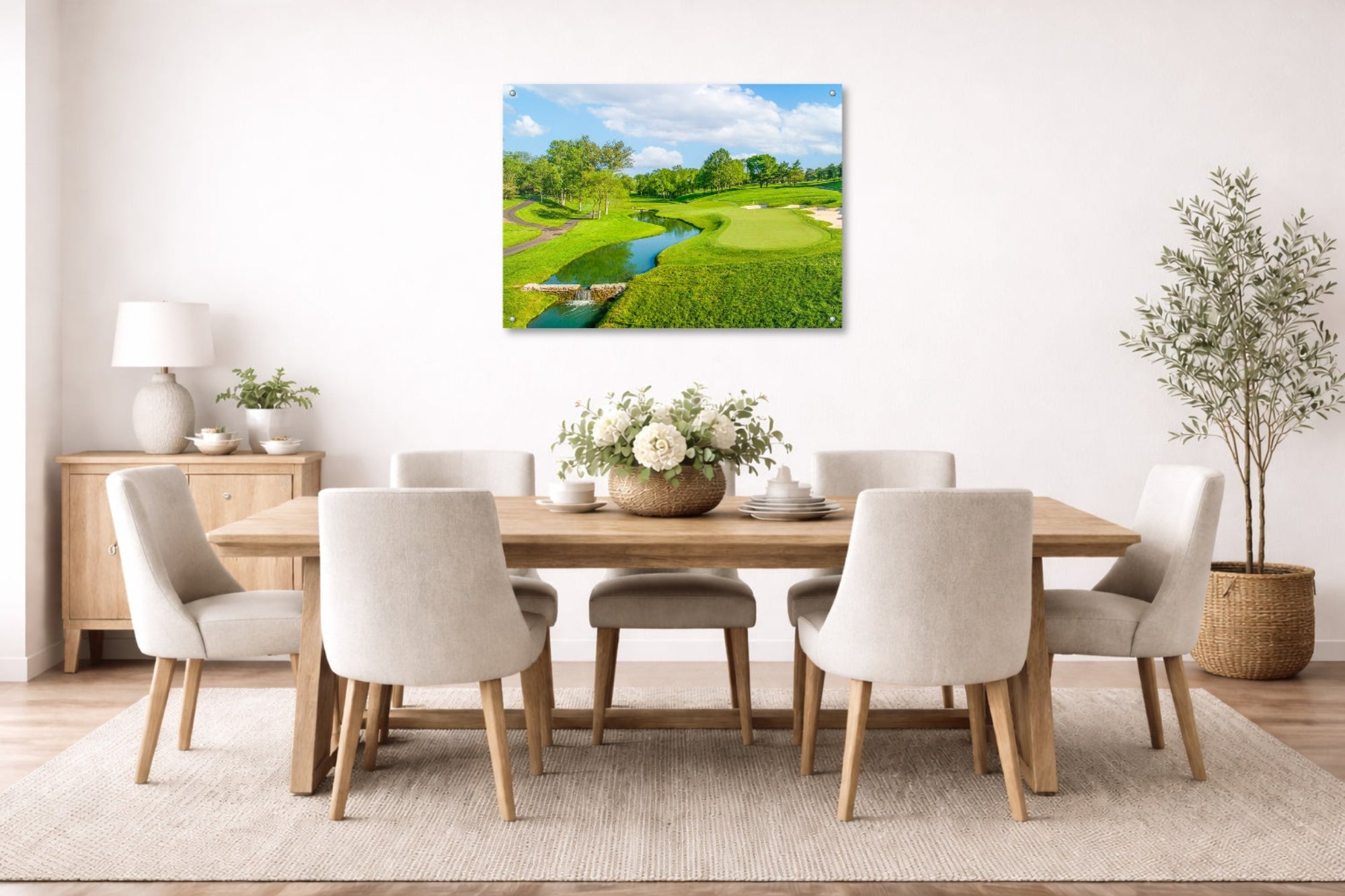 Green fairway at the 15th hole of Muirfield Village Golf Club printed on aluminum metal with wall anchors. Hung on a dining room wall. 