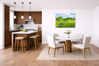 Green fairway at the 15th hole of Muirfield Village Golf Club printed on aluminum metal with wall anchors. Hung on a kitchen-dinette wall. 