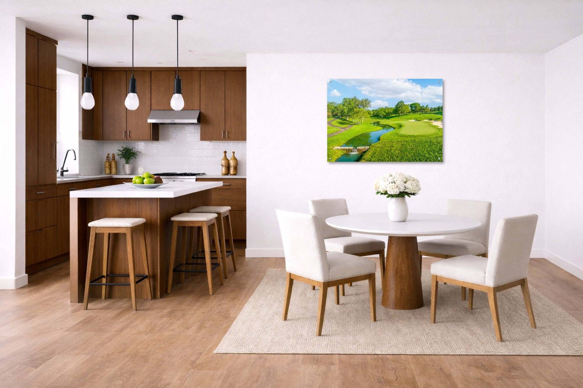 Green fairway at the 15th hole of Muirfield Village Golf Club printed on aluminum metal with wall anchors. Hung on a kitchen-dinette wall. 