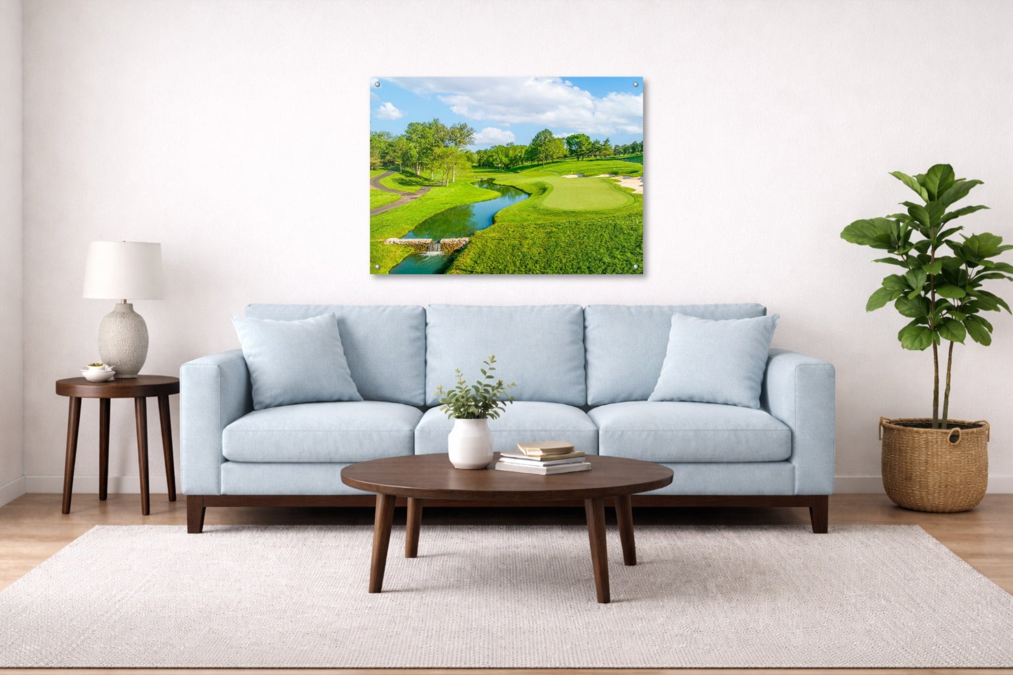 Green fairway at the 15th hole of Muirfield Village Golf Club printed on aluminum metal with wall anchors. Hung on a living room wall. 