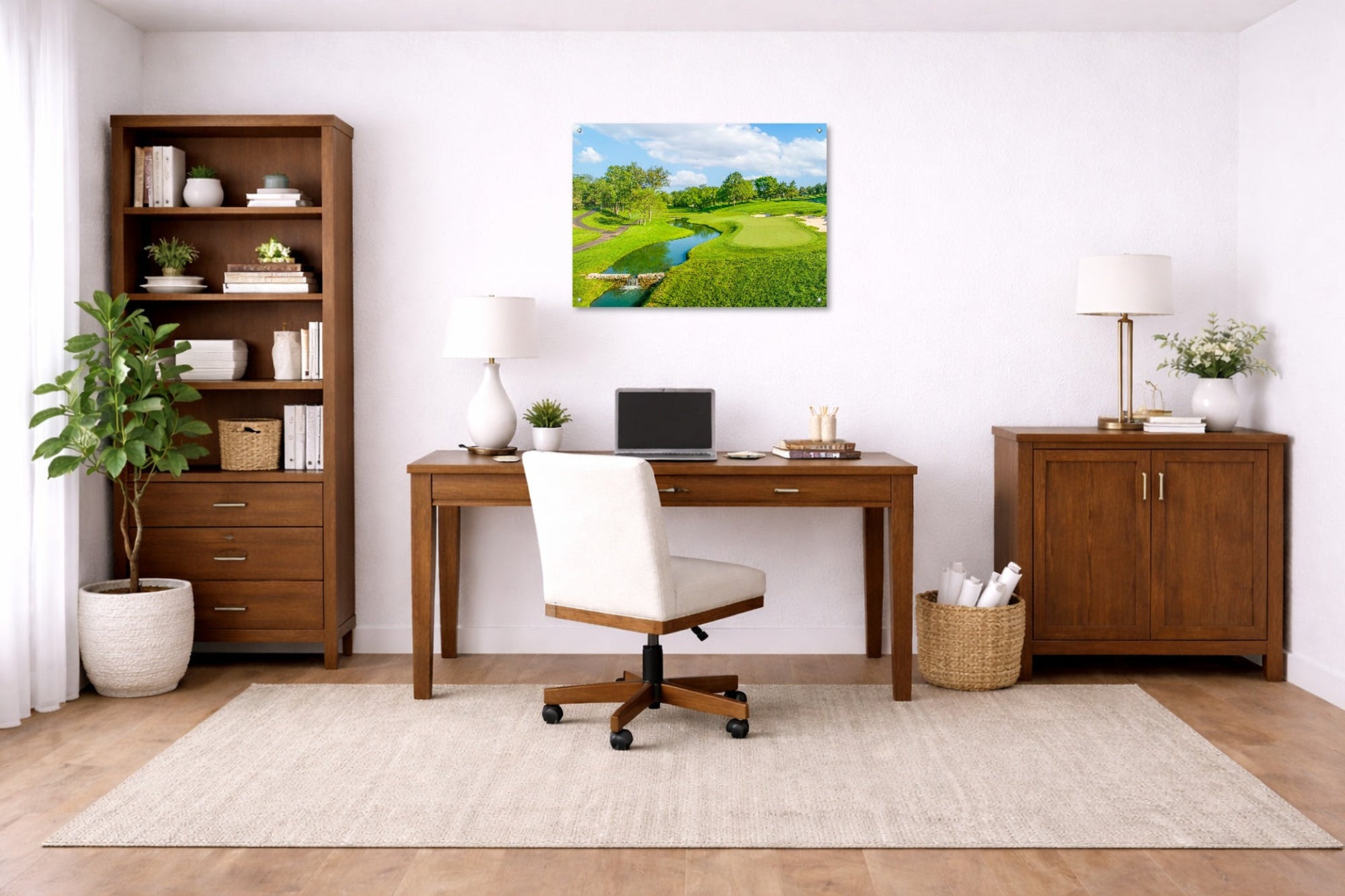 Green fairway at the 15th hole of Muirfield Village Golf Club printed on aluminum metal with wall anchors. Hung on a office wall. 