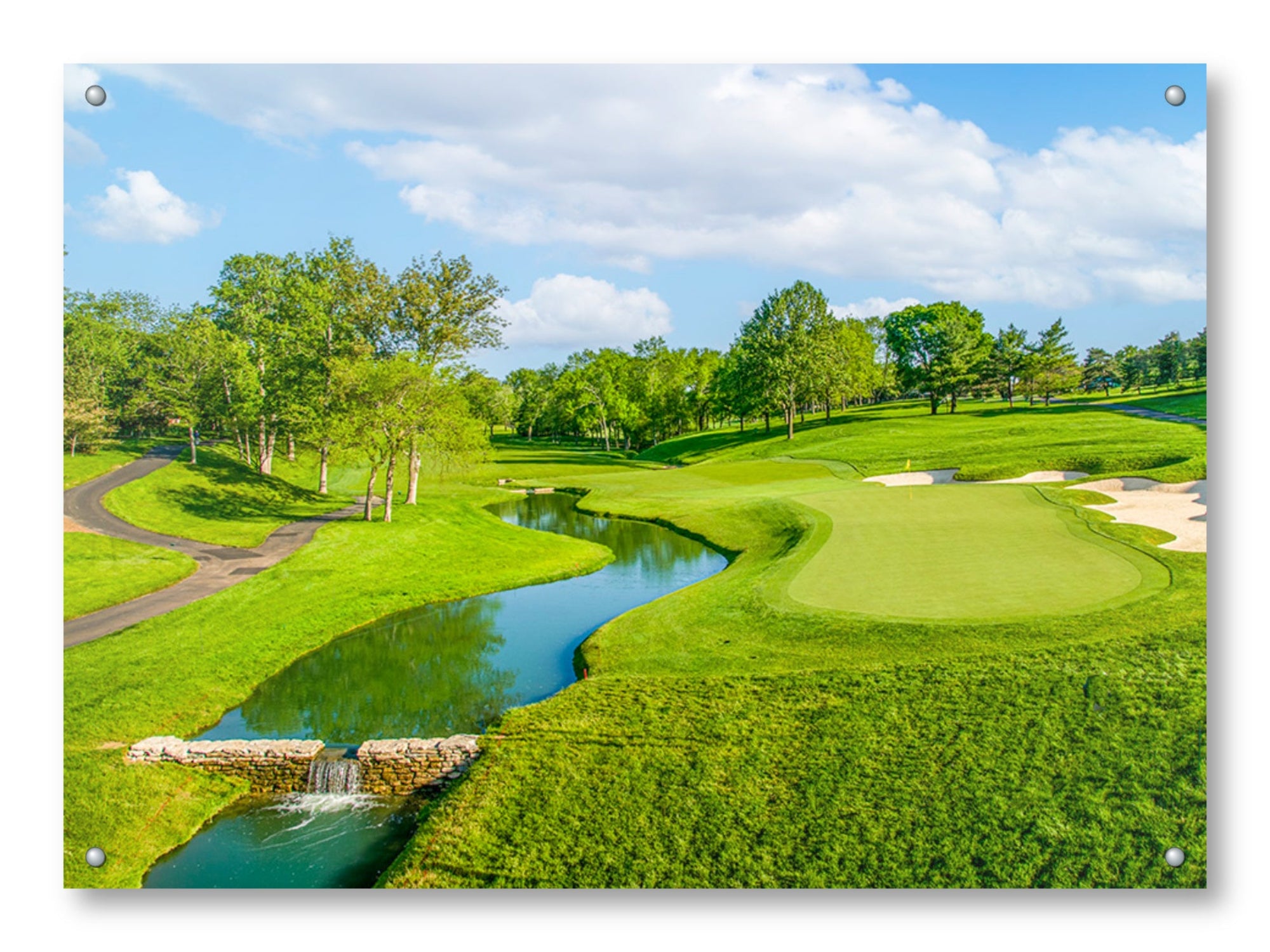 Green fairway at the 15th hole of Muirfield Village Golf Club printed on aluminum metal with wall anchors. 