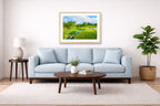 Green fairway at the 15th hole of Muirfield Village Golf Club printed on fine art paper, framed on a oak frame and matted. Hung on a living room wall. 