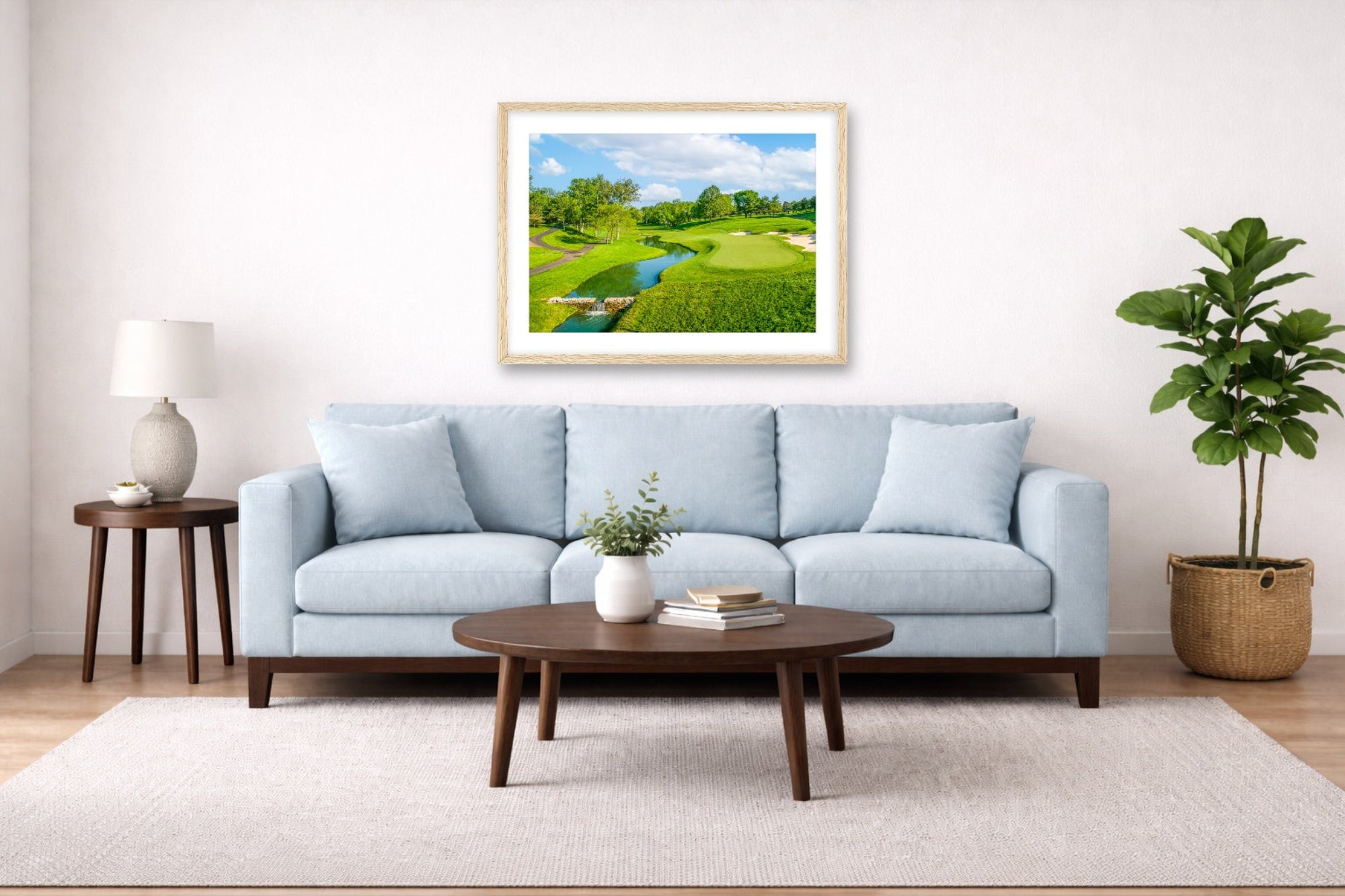 Green fairway at the 15th hole of Muirfield Village Golf Club printed on fine art paper, framed on a oak frame and matted. Hung on a living room wall. 