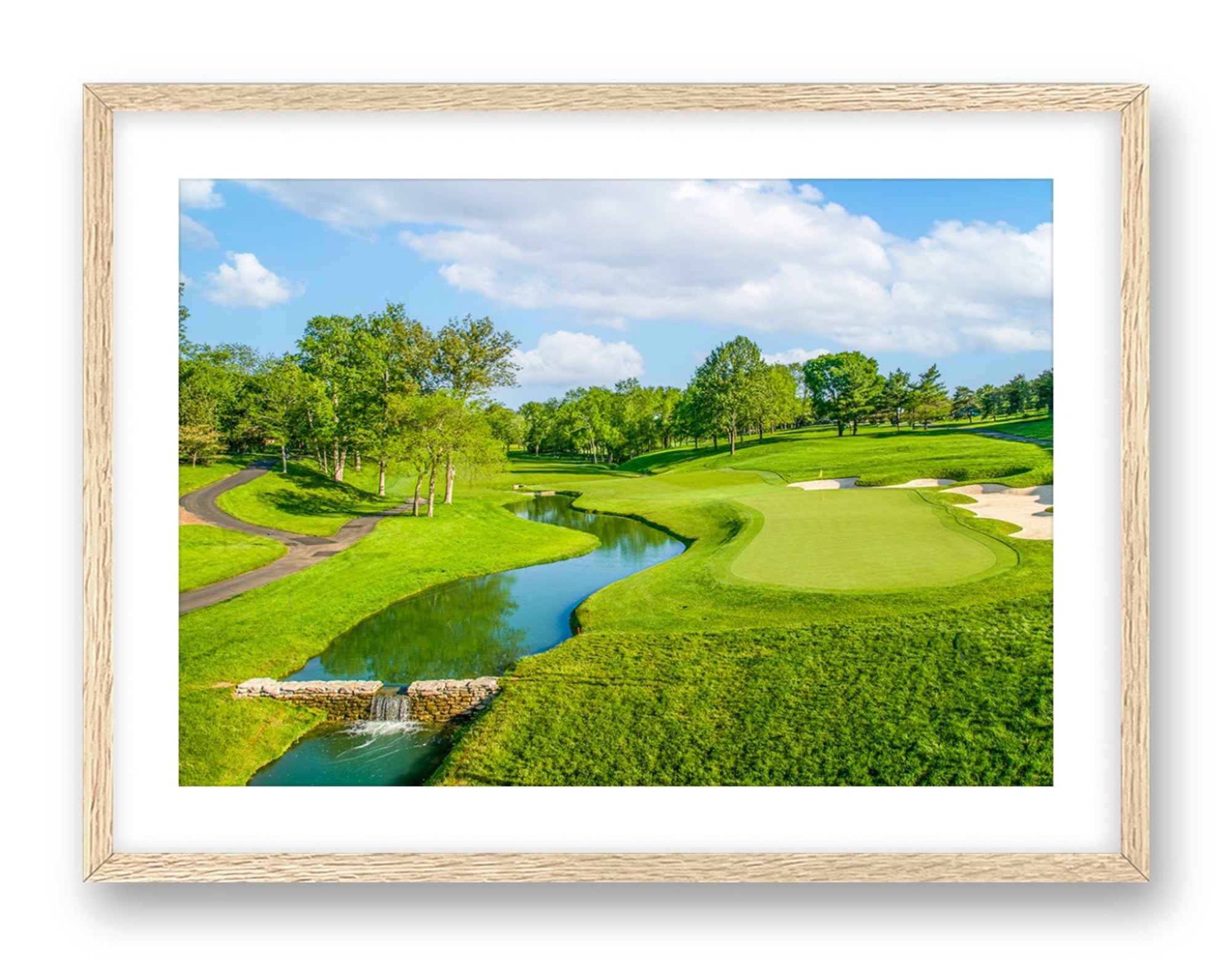 Green fairway at the 15th hole of Muirfield Village Golf Club printed on fine art paper, framed on a oak frame and matted. 