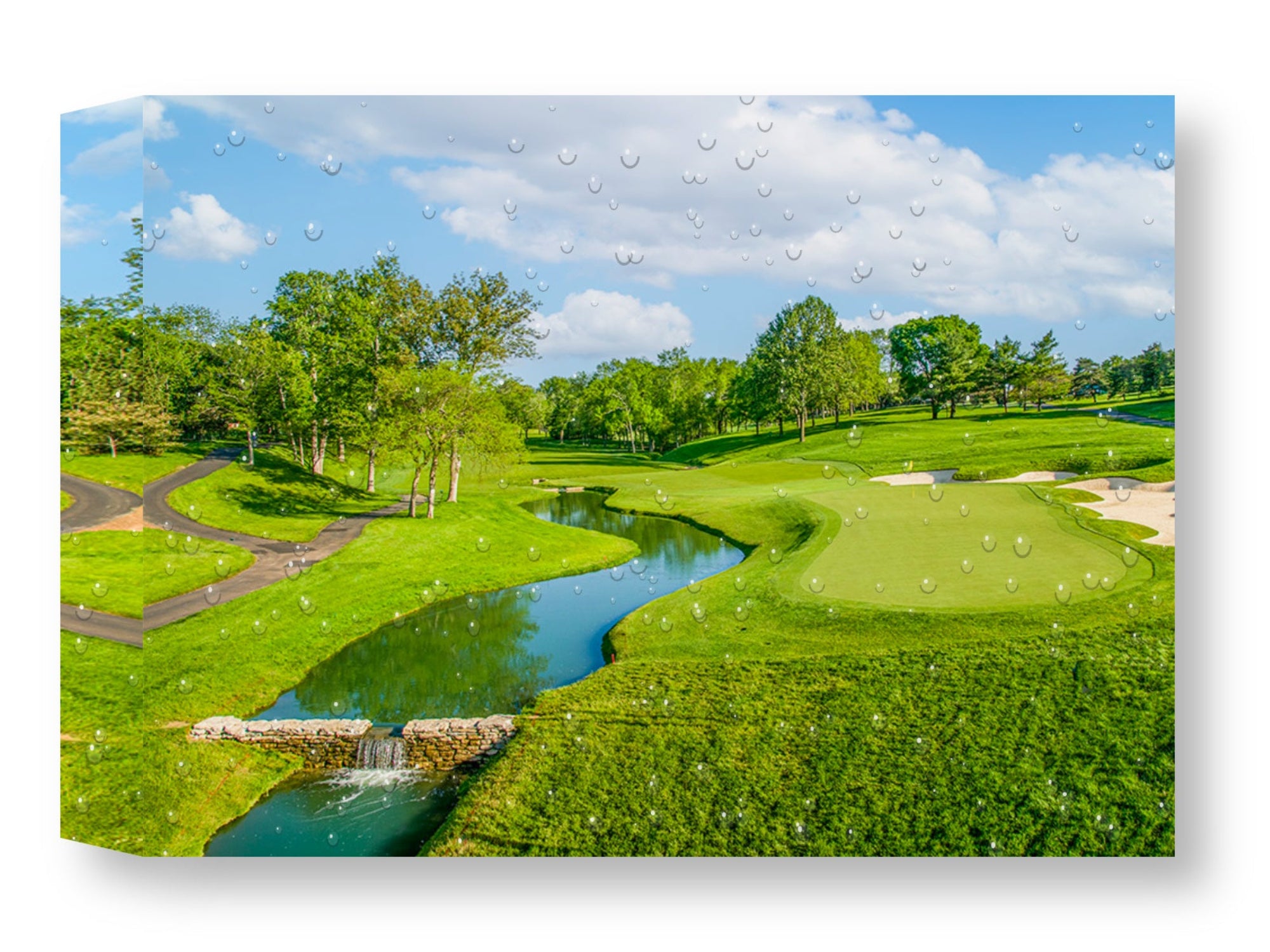 Green fairway at the 15th hole of Muirfield Village Golf Club printed on water resistant canvas and mounted on a waterproof frame.