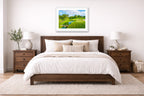Green fairway at the 15th hole of Muirfield Village Golf Club printed on fine art paper, framed on a white frame and matted. Hung on a bedroom room wall