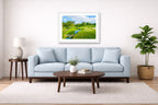 Green fairway at the 15th hole of Muirfield Village Golf Club printed on fine art paper, framed on a white frame and matted.  Hung on a living room wall. 