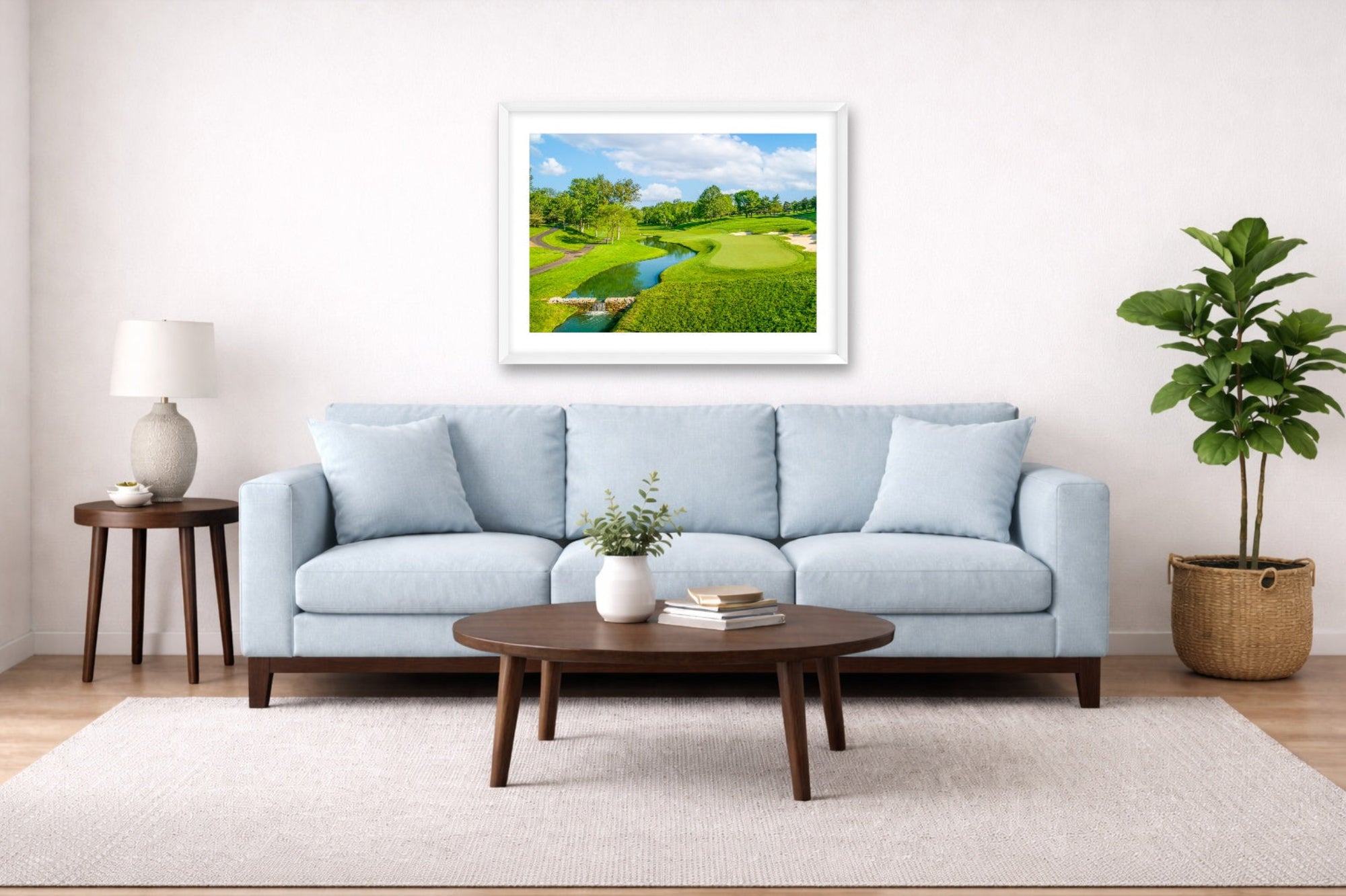 Green fairway at the 15th hole of Muirfield Village Golf Club printed on fine art paper, framed on a white frame and matted.  Hung on a living room wall. 