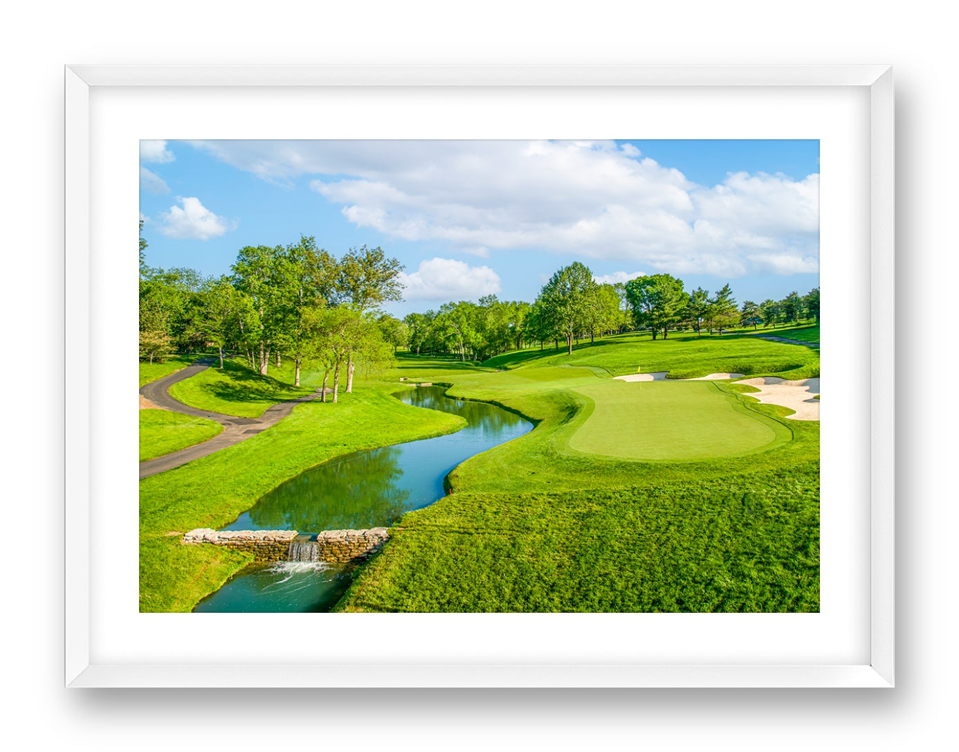 Green fairway at the 15th hole of Muirfield Village Golf Club printed on fine art paper, framed on a white frame and matted. 
