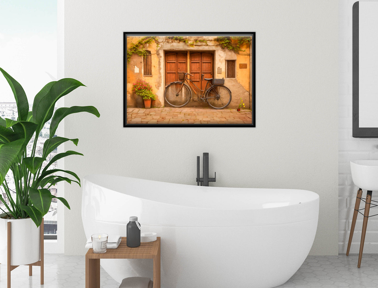 Vintage Bicycle - Canvas Wrap - Black Frame on Bathroom Wall