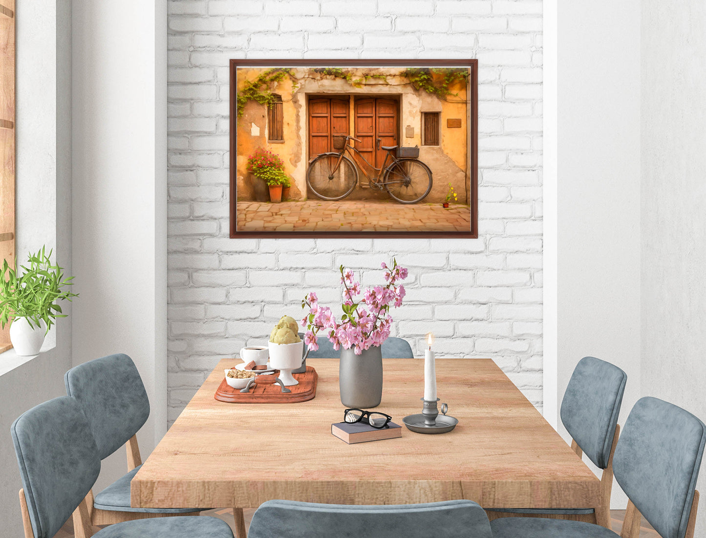 Vintage Bicycle - Canvas Wrap - Mahogany Frame on Dining Room Room Wall