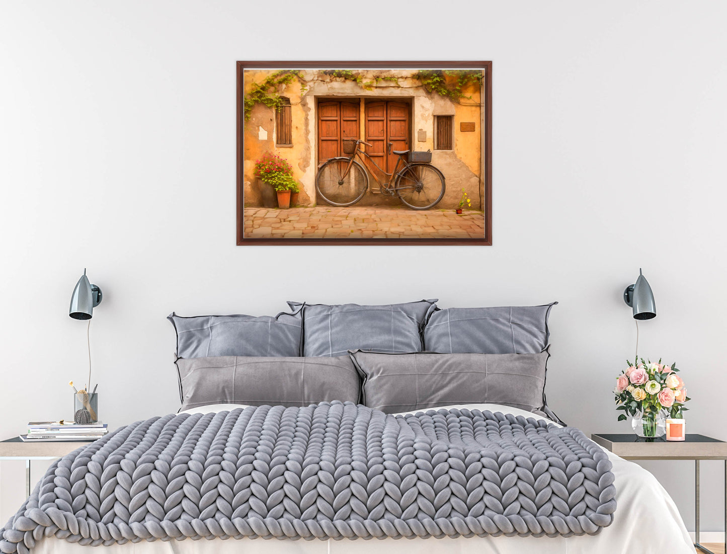 Vintage Bicycle - Canvas Wrap - Mahogany Frame on Bedroom Wall