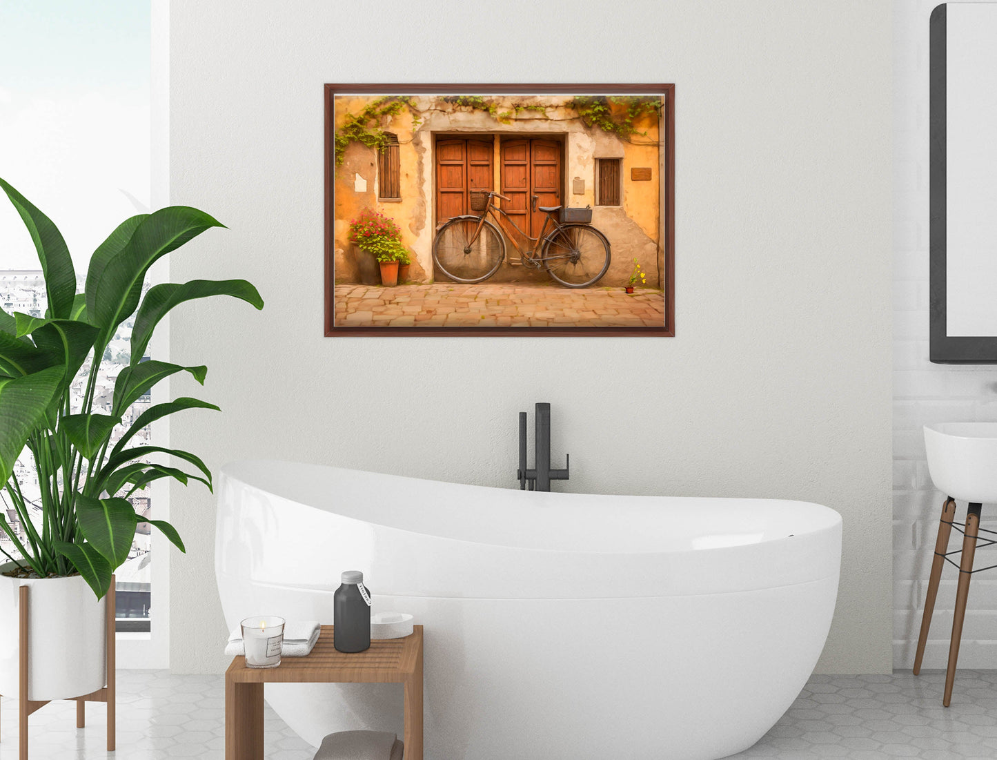 Vintage Bicycle - Canvas Wrap - Mahogany Frame on Bathroom Wall