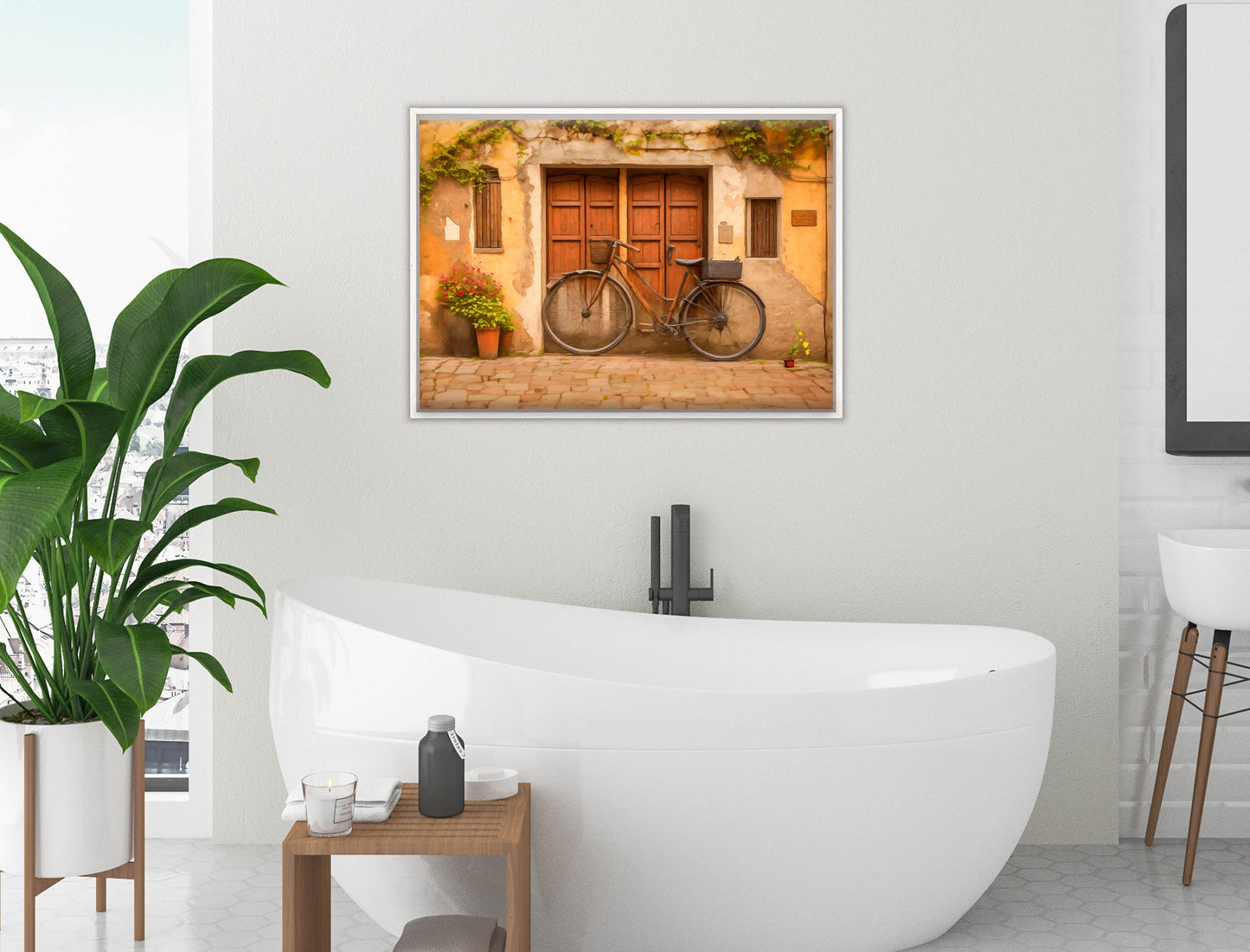 Vintage Bicycle - Canvas Wrap - White Frame on Bathroom Wall