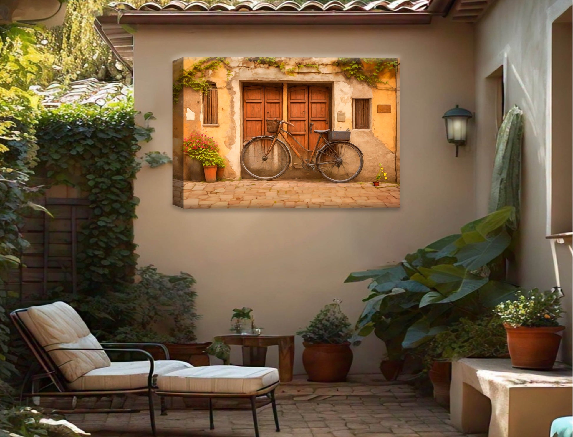 Vintage Bicycle - Canvas Wrap - Waterproof on Patio 4 Wall