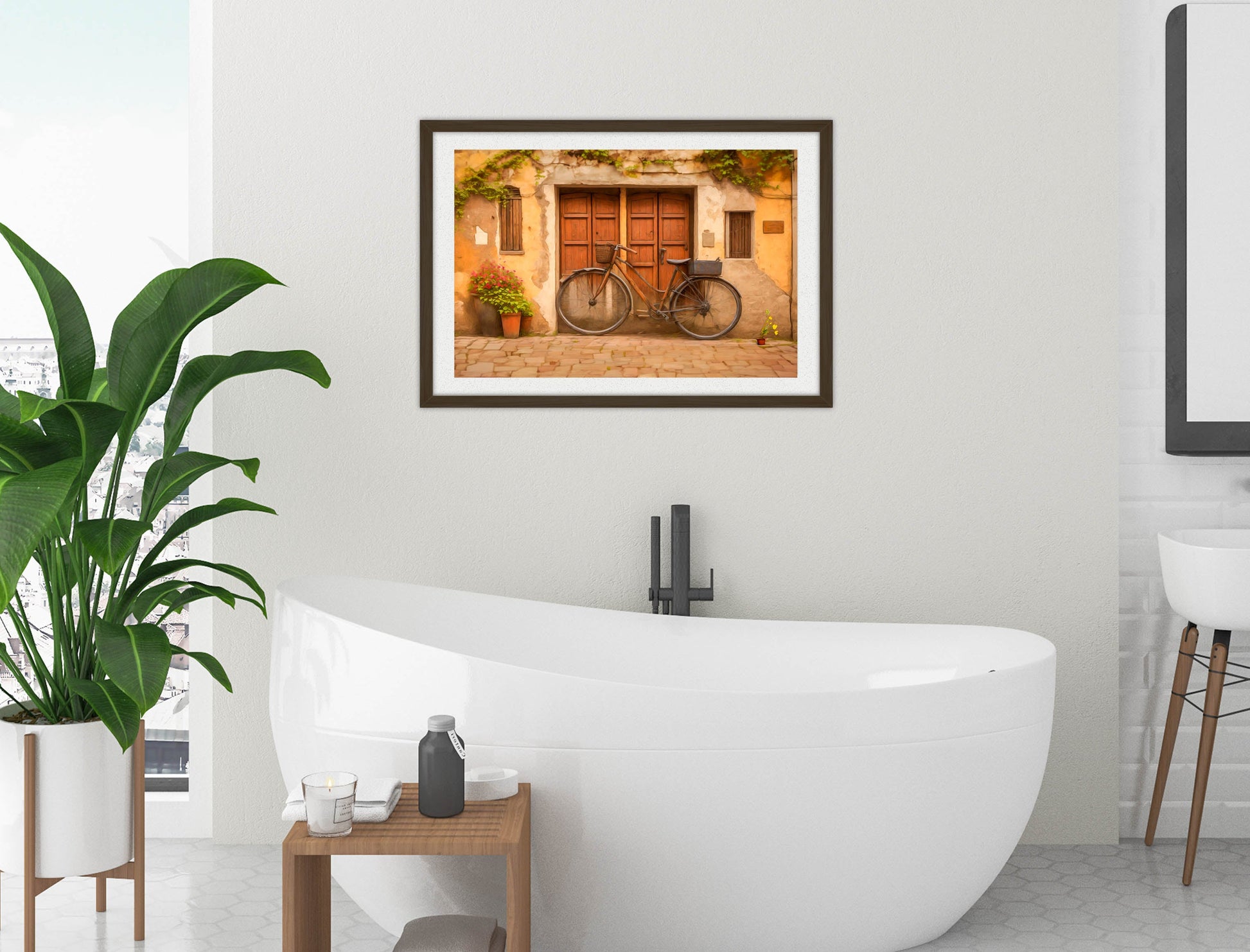 Vintage Bicycle - Framed Photo - Black Frame on Bathroom Wall