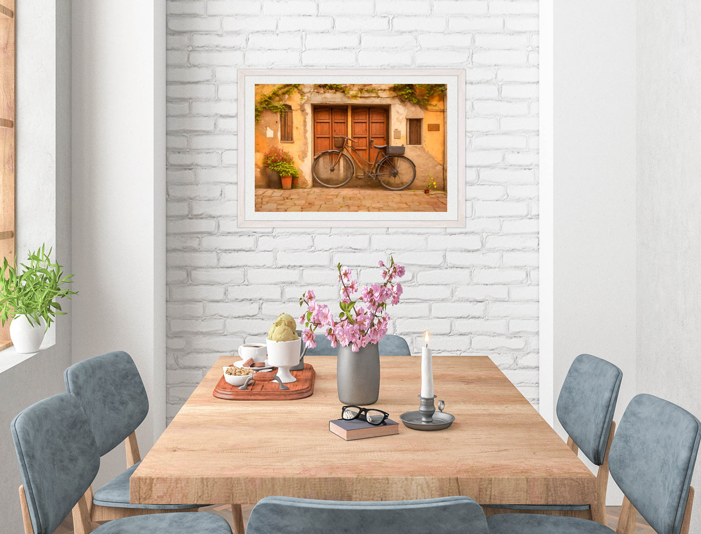 Vintage Bicycle - Framed Photo - White on Dining Room Room Wall