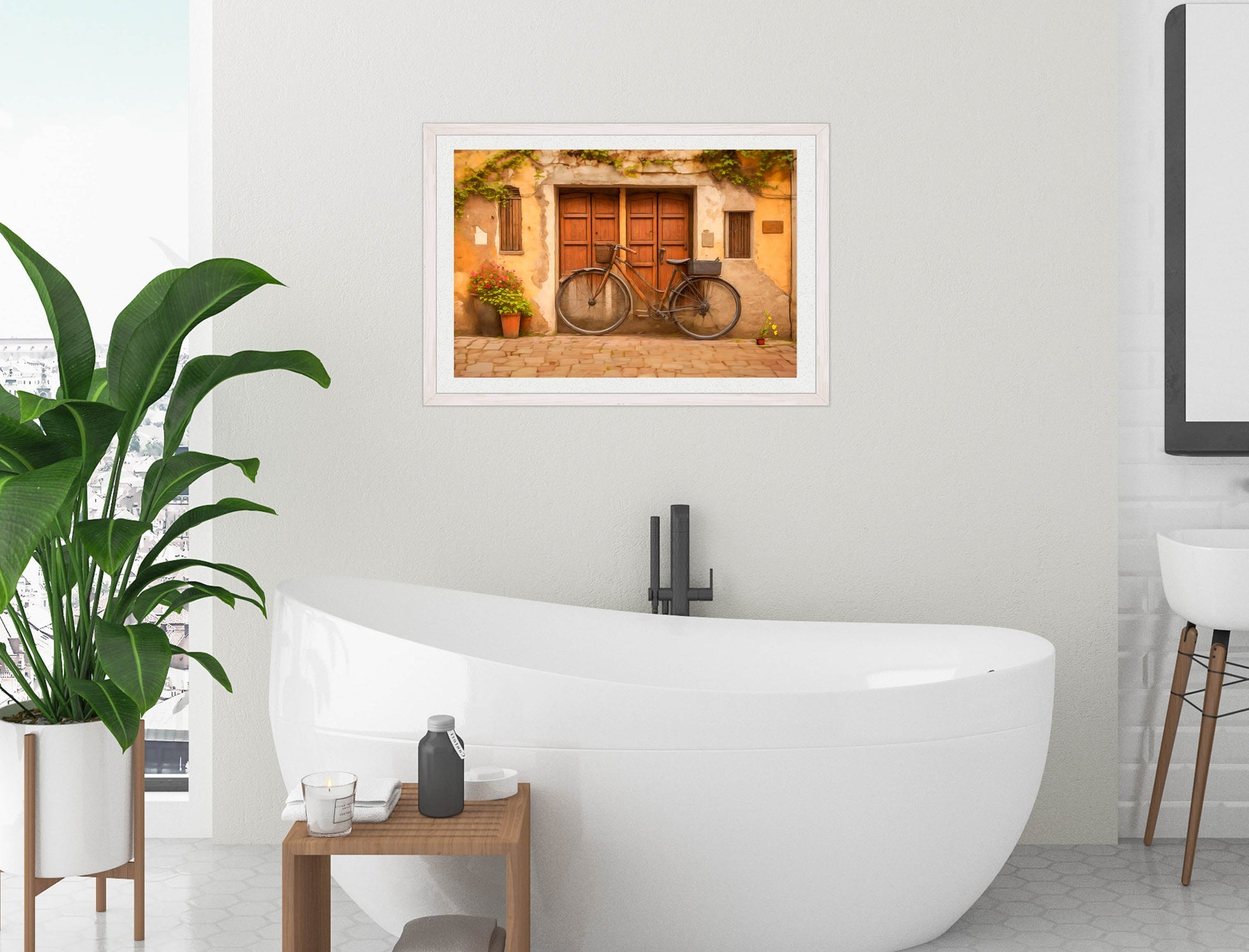 Vintage Bicycle - Framed Photo - White Frame on Bathroom Wall