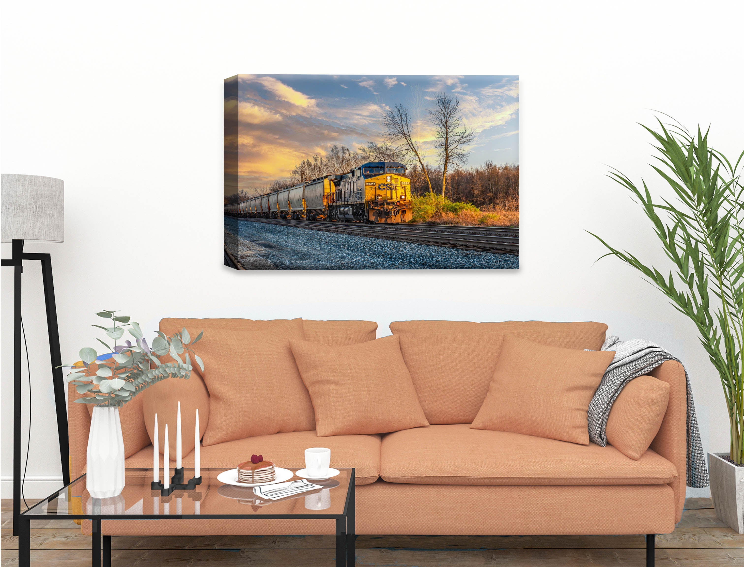 Train at Sunset - Canvas Wrap on Living Room Wall - Beige Sofa