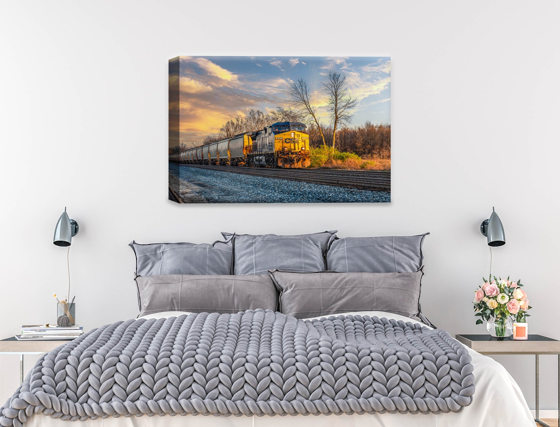 Train at Sunset - Canvas Wrap on Bedroom Wall