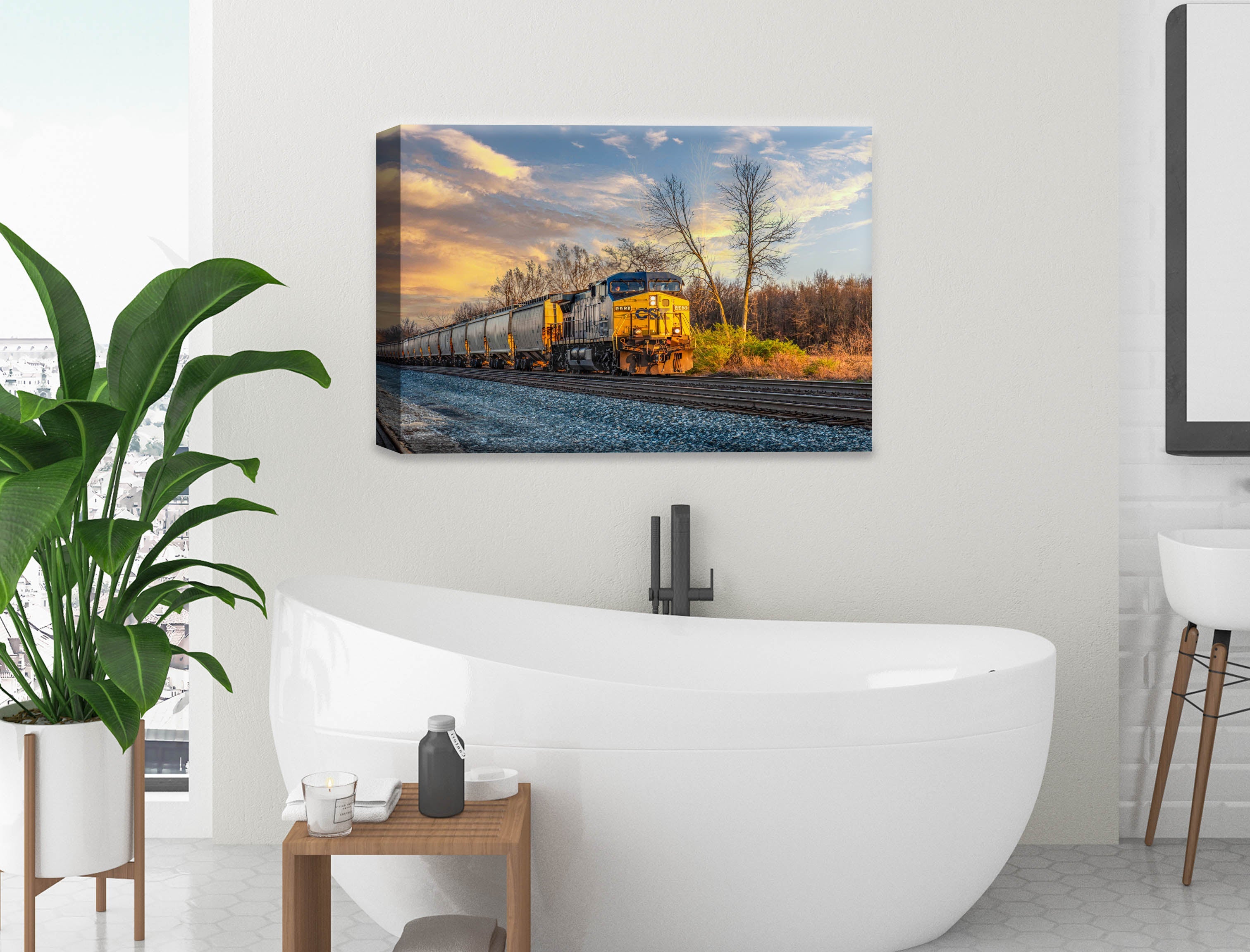 Train at Sunset - Canvas Wrap on Bathroom Wall