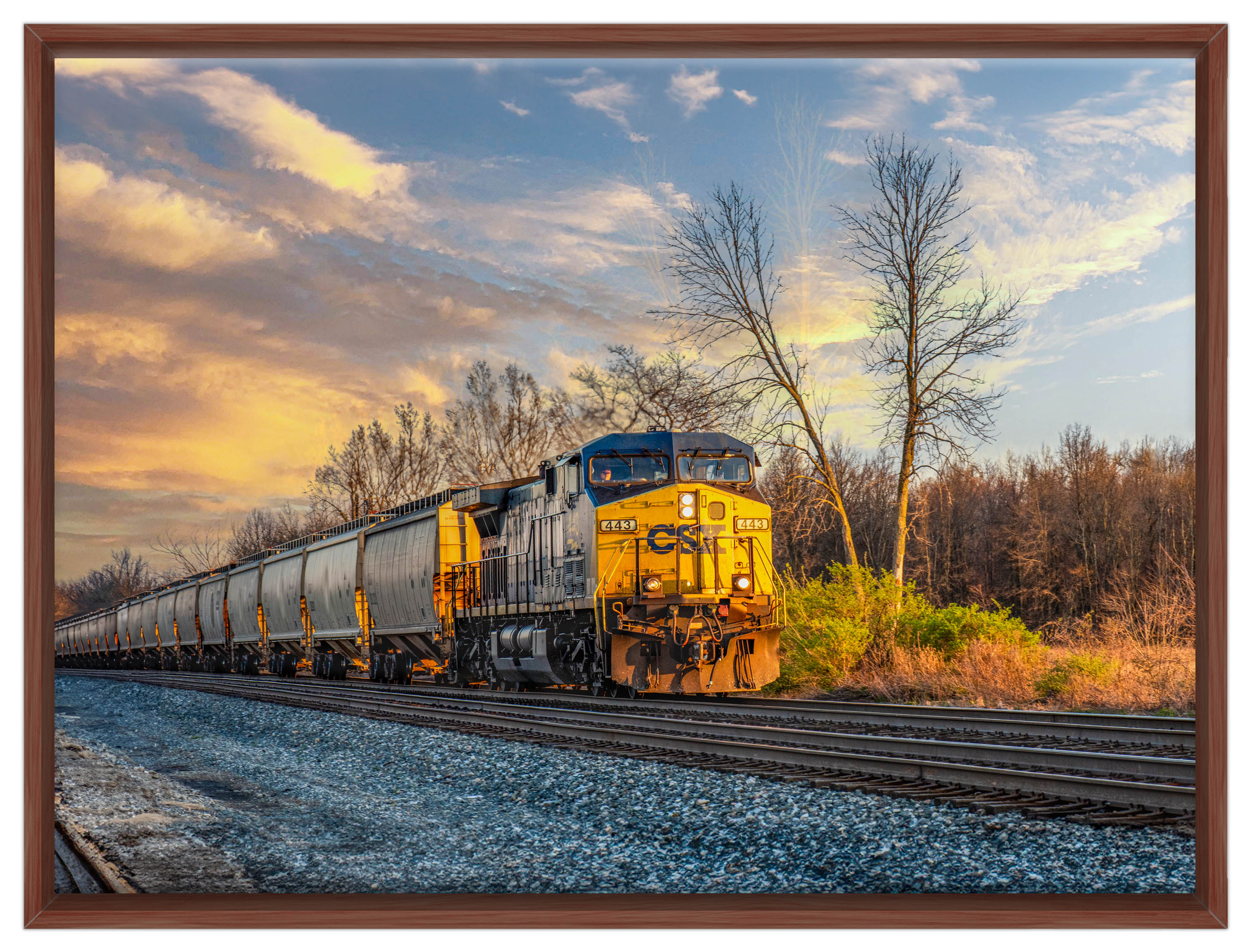 Train at Sunset - Canvas Wrap - Mahogany Frame