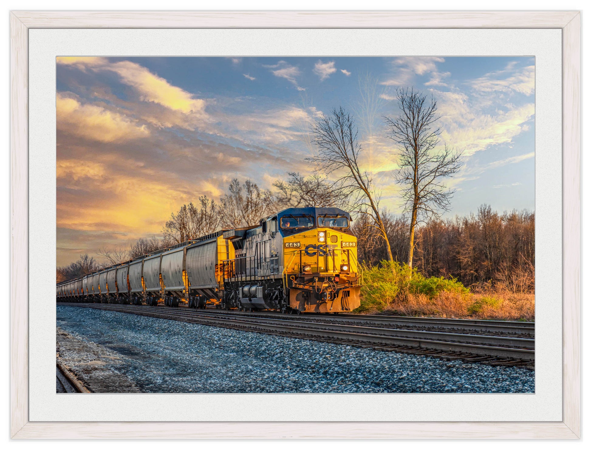 Train at Sunset - Framed Photo - White Frame