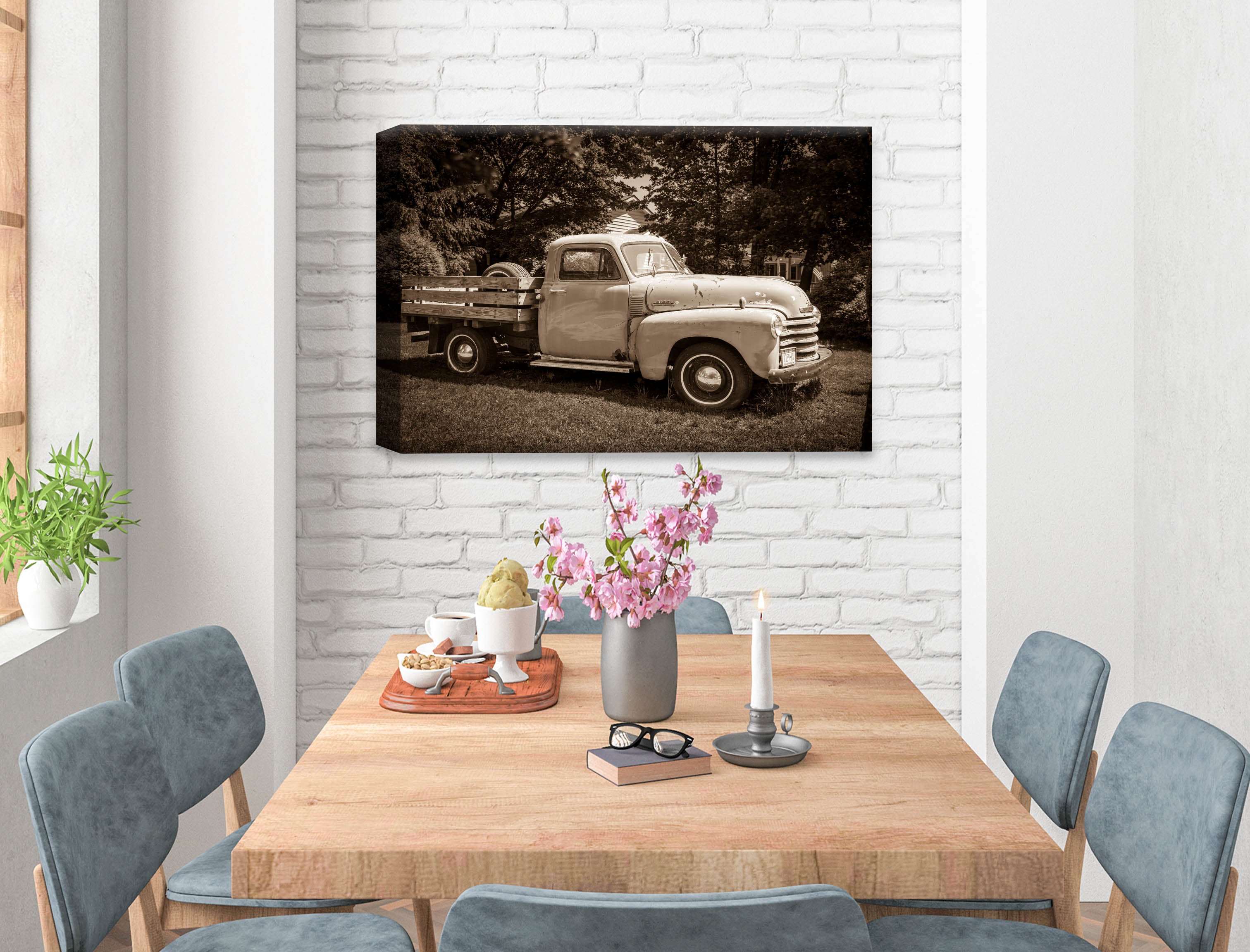 Fine Art Photography of a Vintage Pickup Truck - Printed on Canvas - Hanging on Dining Room Wall.