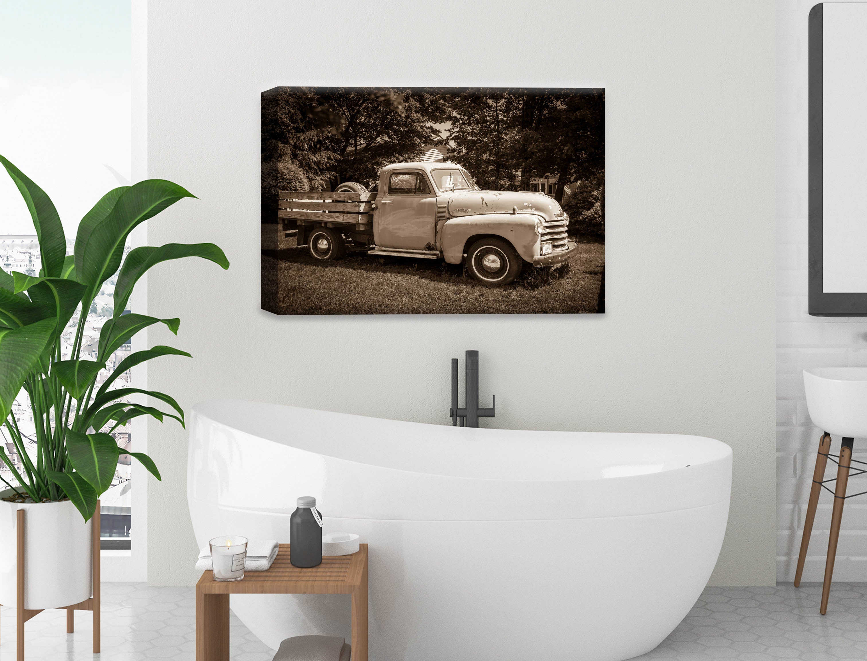 Fine Art Photography of a Vintage Pickup Truck - Printed on Canvas - Hanging on Bathroom Wall.