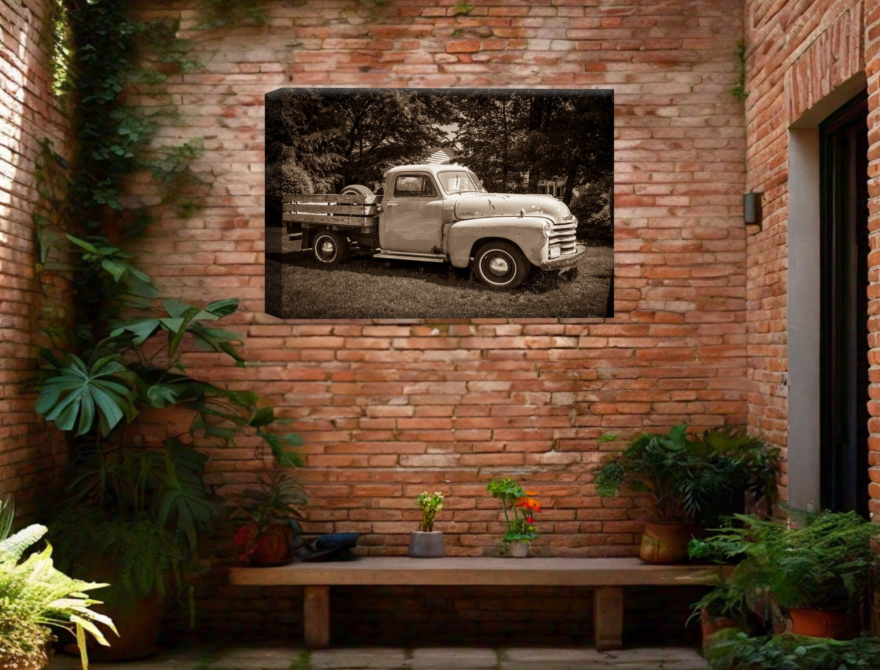 Vintage Pickup Truck  - Canvas Wrap on Outdoor Patio Wall with Bench