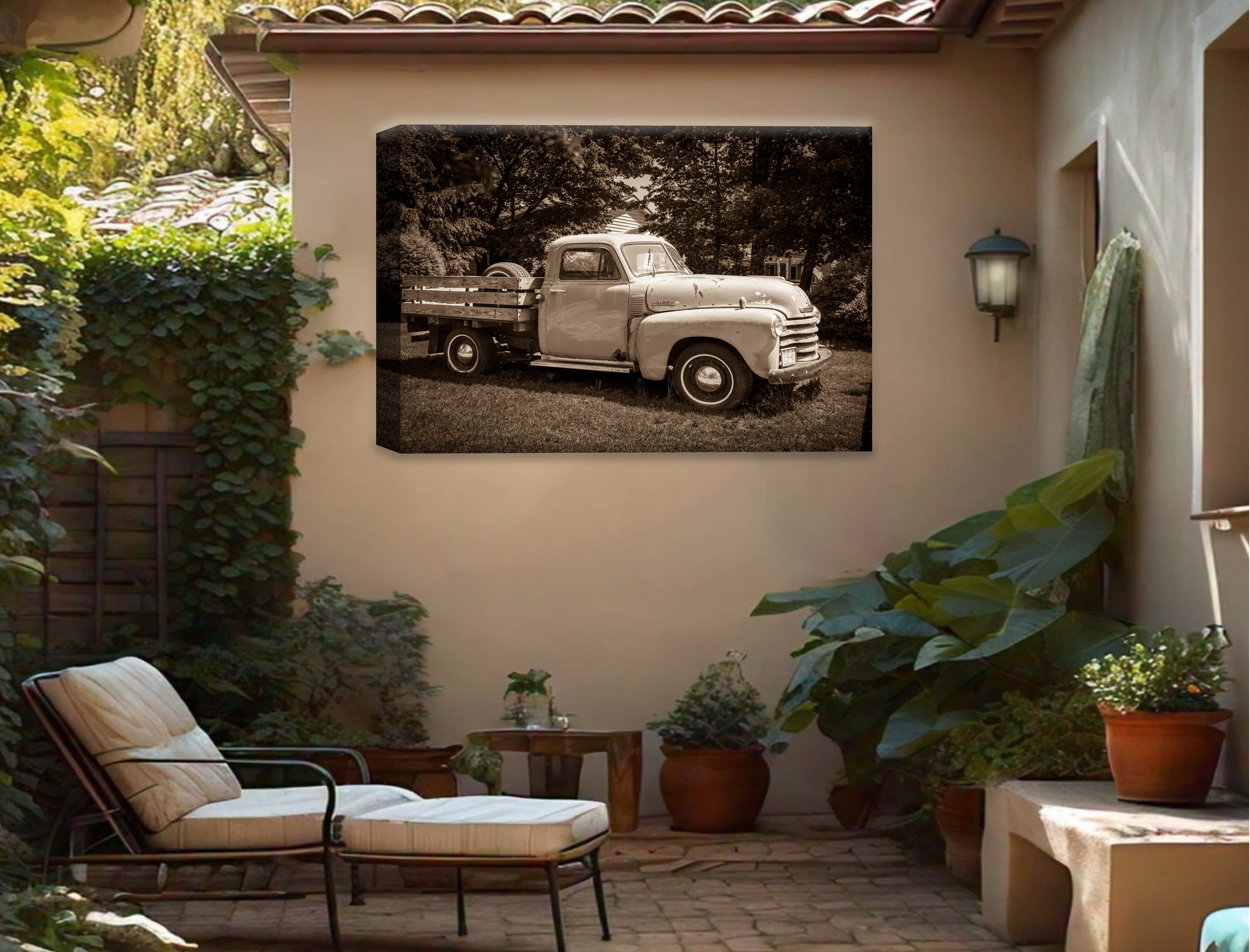 Vintage Pickup Truck  - Canvas Wrap on Outdoor Patio Stucco Wall