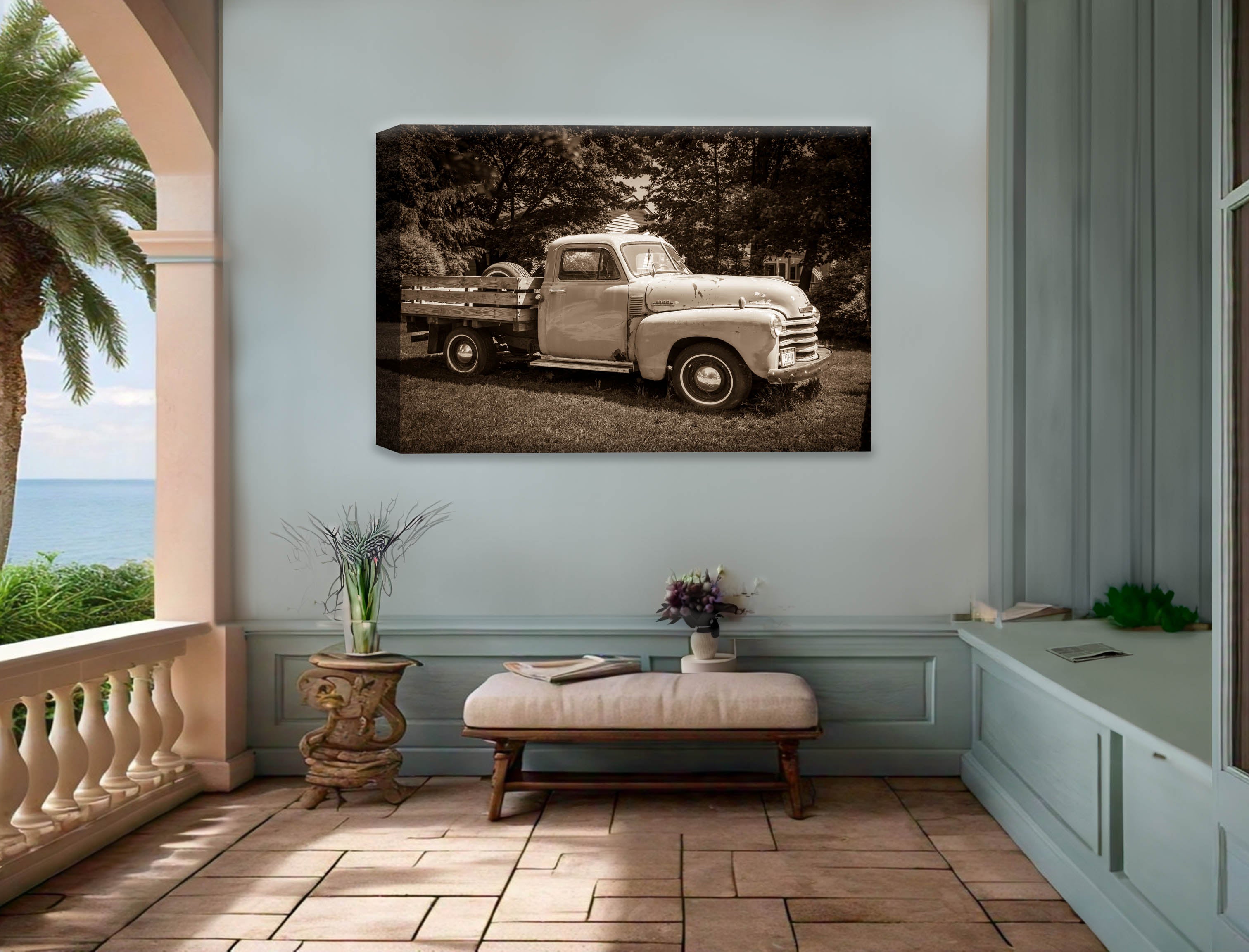 Vintage Pickup Truck  - Canvas Wrap on Outdoor Patio Wall with Ocean in background