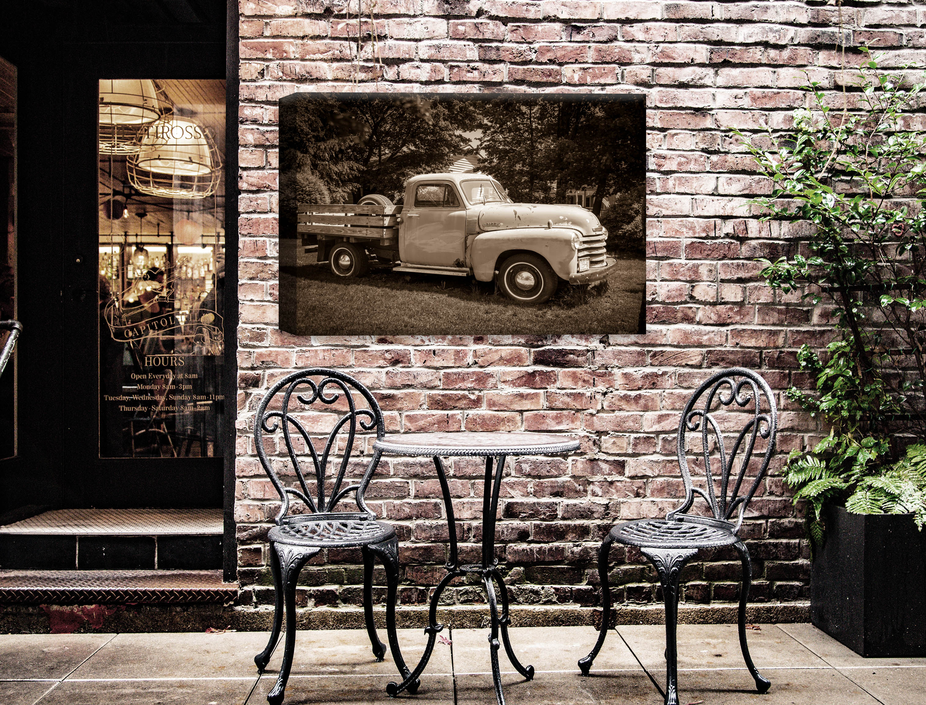 Vintage Pickup Truck  - Canvas Wrap on Outdoor Patio Wall with 2 chairs