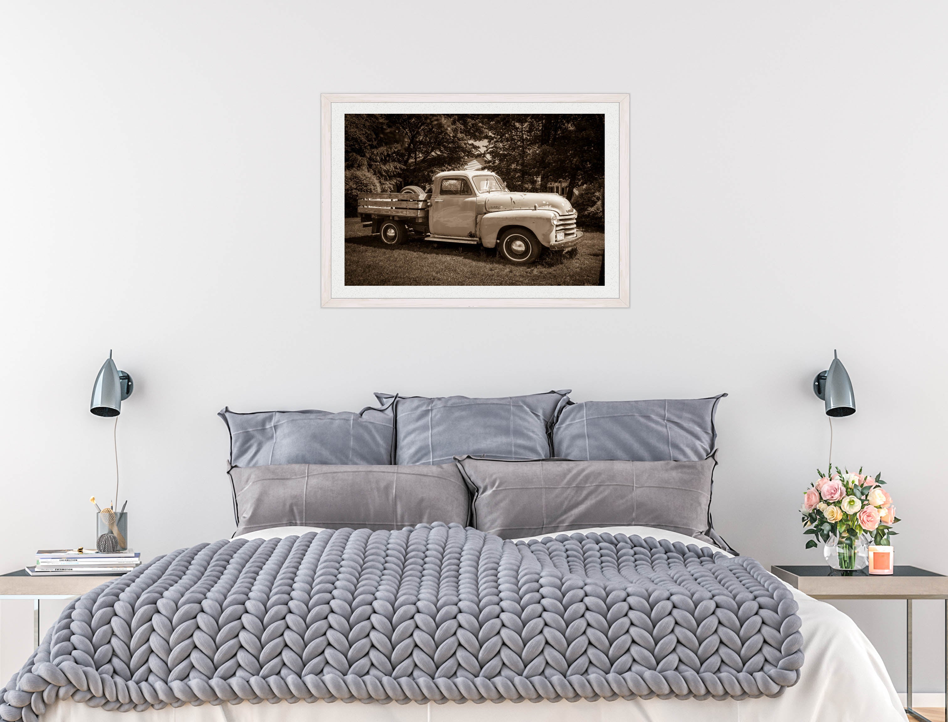 Vintage Pickup Truck  - Framed Photo - White Frame on Dining Room Room Wall