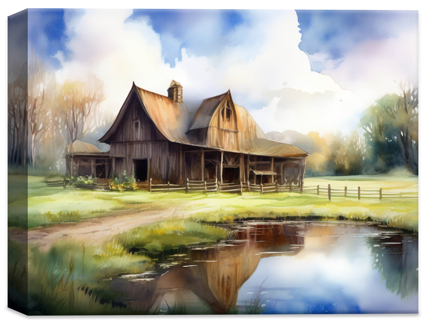 Barn - Evening on the Pond - Full Canvas Wrap