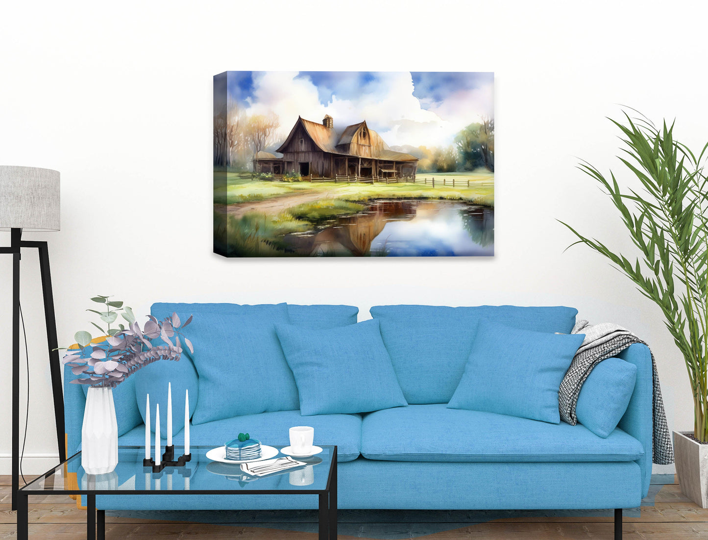 Barn - Evening on the Pond - Canvas Wrap on Living Room Wall - Blue Sofa