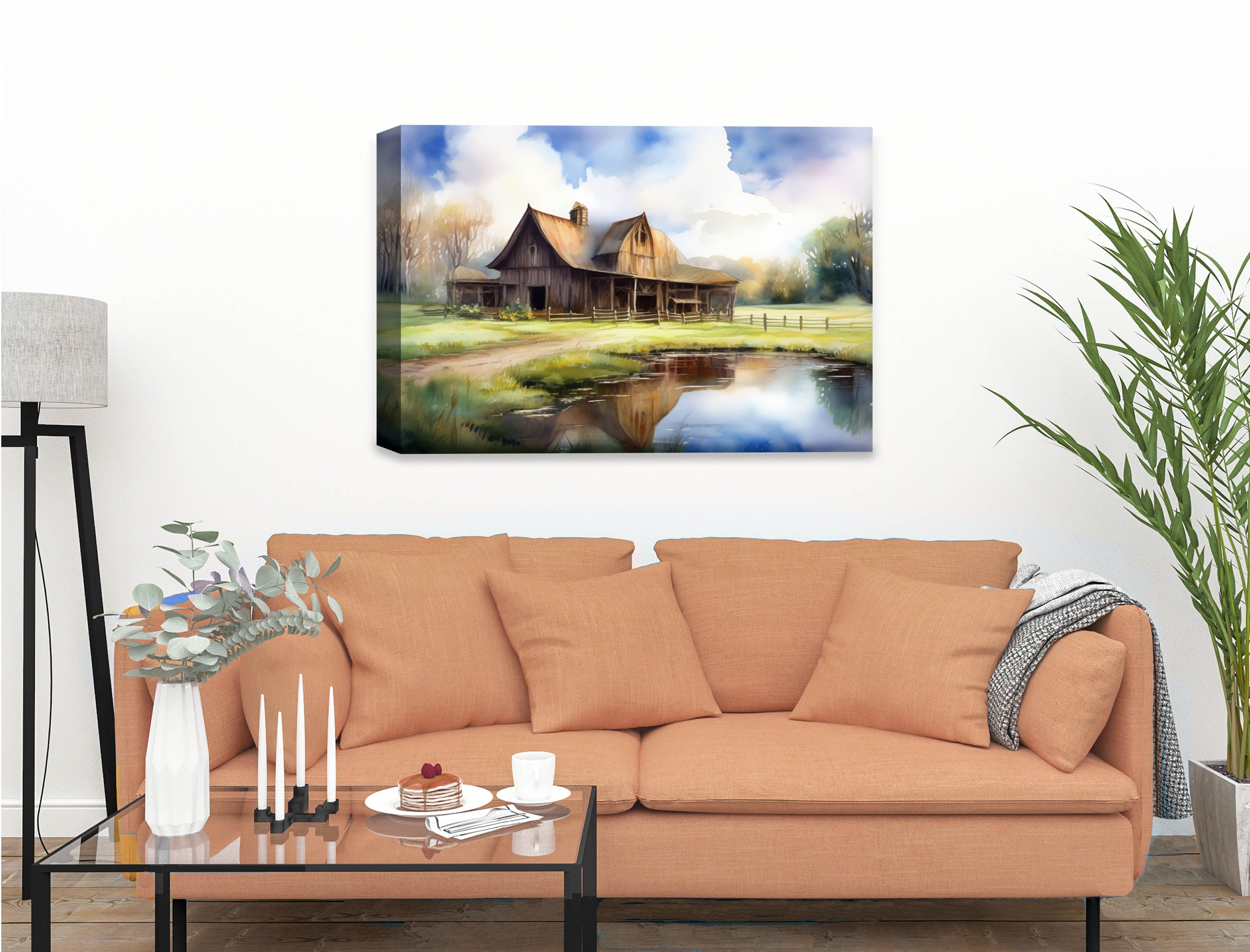 Barn - Canvas Wrap on Living Room Wall - Beige Sofa