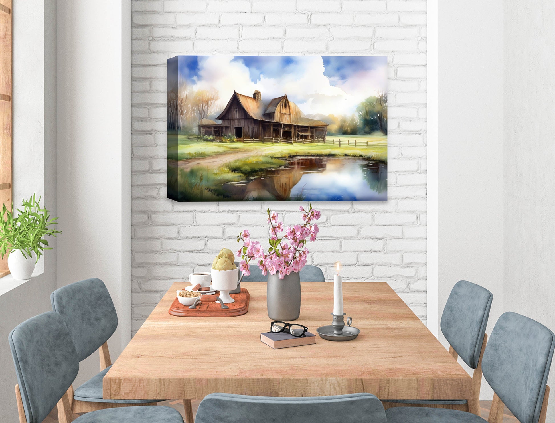 Barn - Evening on the Pond - Canvas Wrap on Dining Room Wall