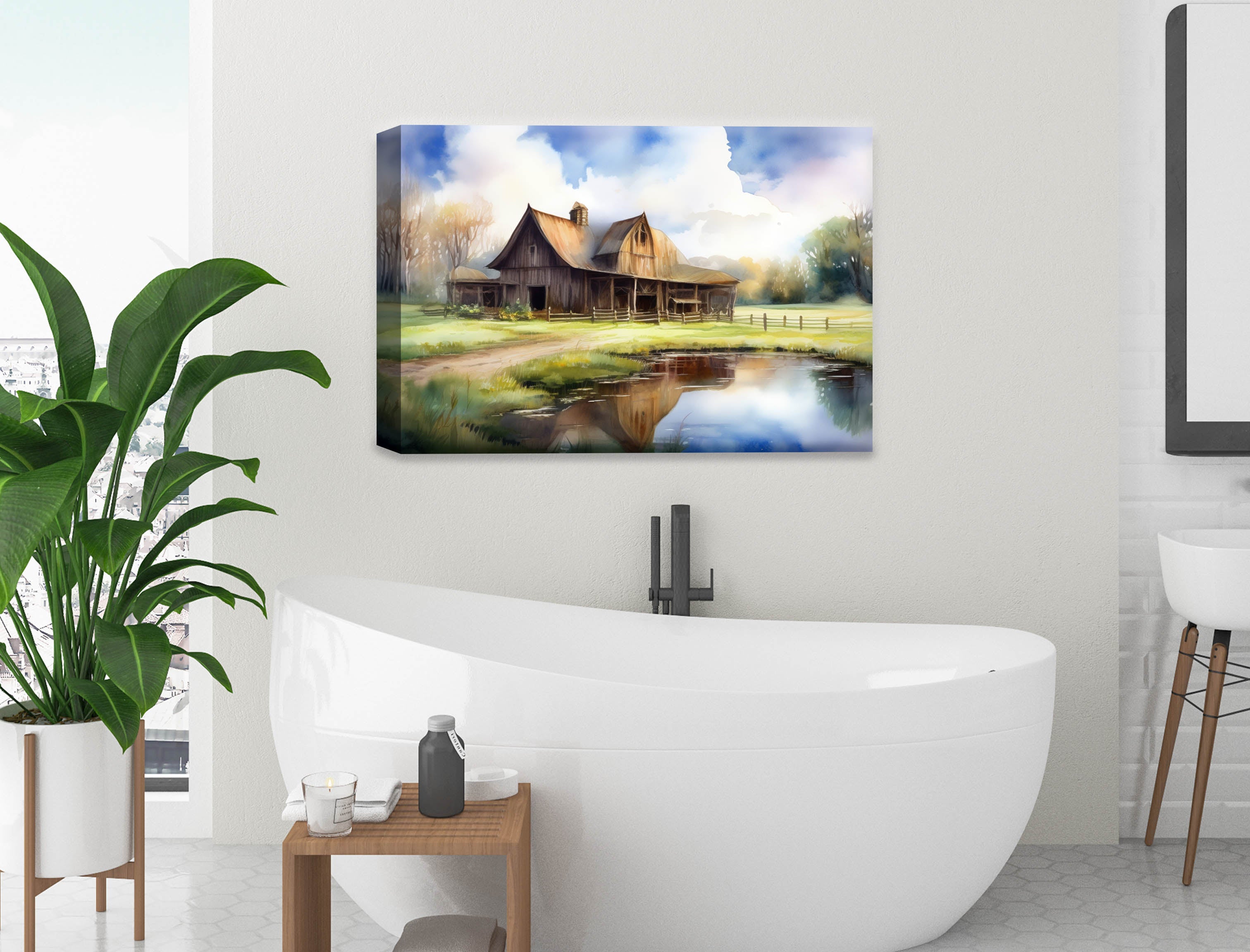 Barn - Evening on the Pond - Canvas Wrap on Bathroom Wall