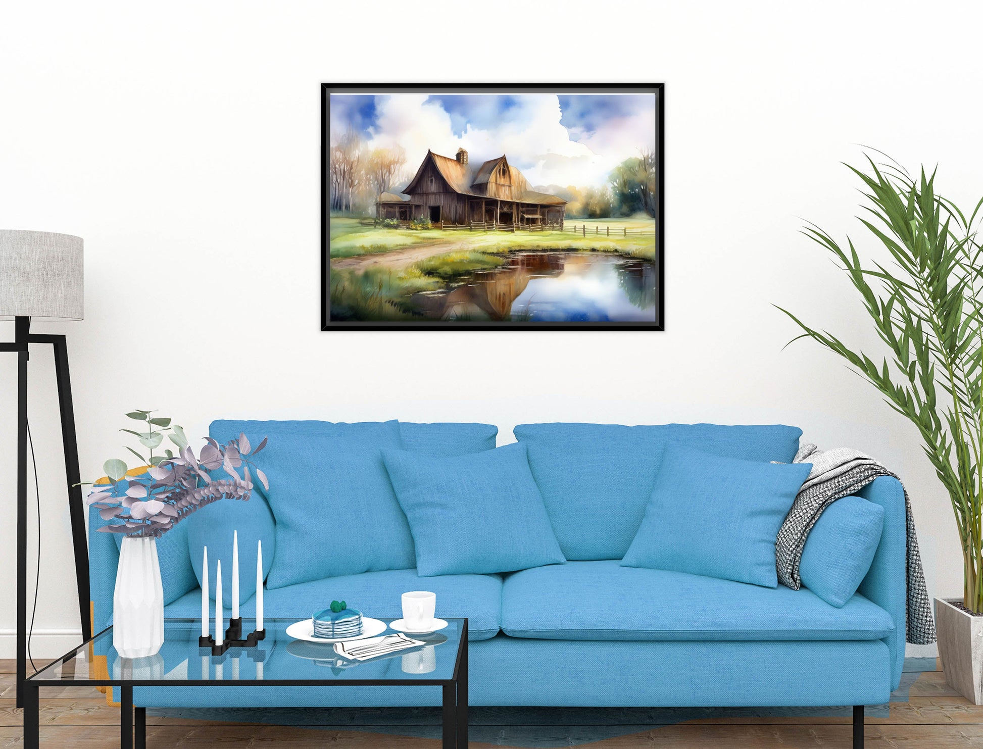 Barn - Evening on the Pond - Canvas Wrap - Black Frame on Living Room Wall-2