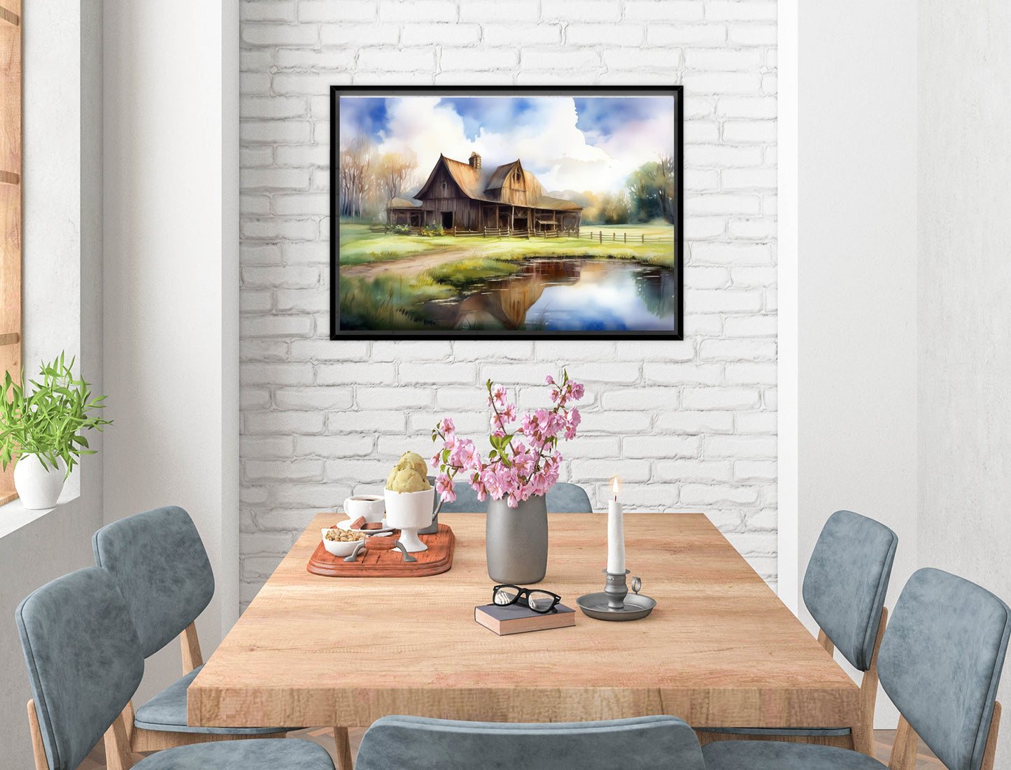 Barn - Evening on the Pond - Canvas Wrap - Black Frame on Dining Room Room Wall