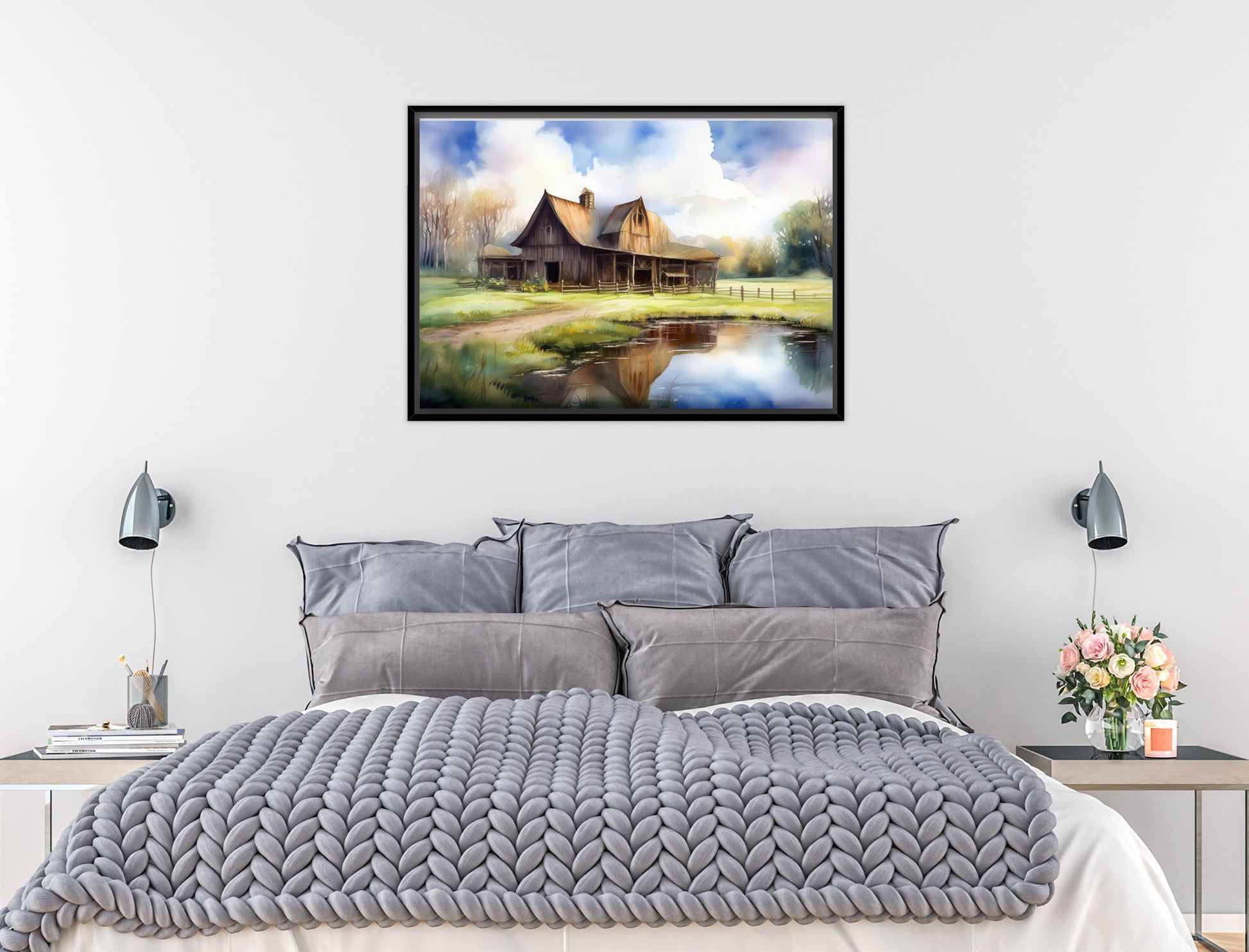 Barn - Evening on the Pond - Canvas Wrap - Black Frame on Bedroom Wall