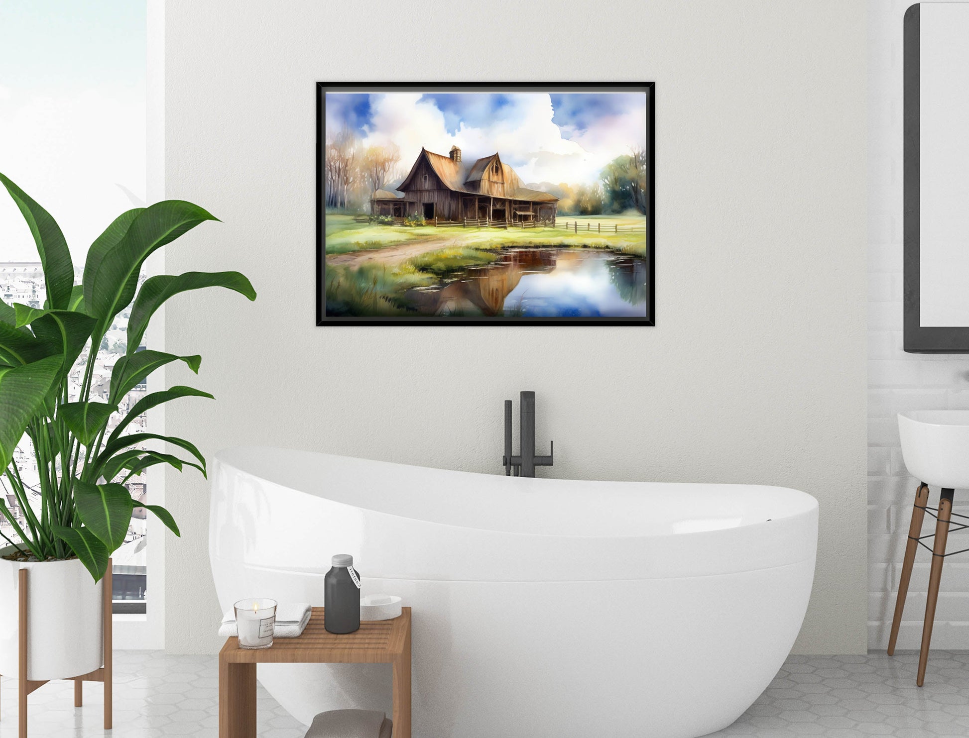 Barn - Evening on the Pond - Canvas Wrap - Black Frame on Bathroom Wall