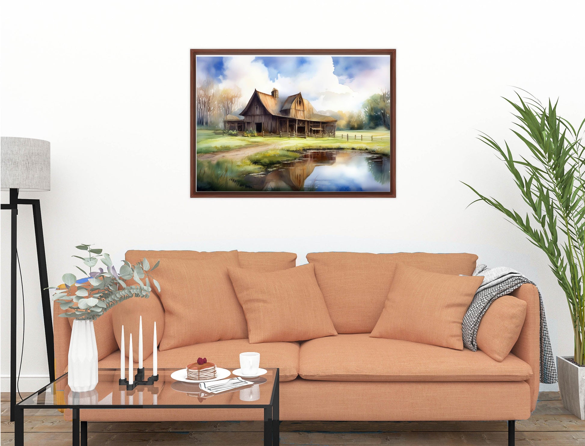 Barn - Evening on the Pond - Canvas Wrap - Mahogany Frame on Living Room Wall-1