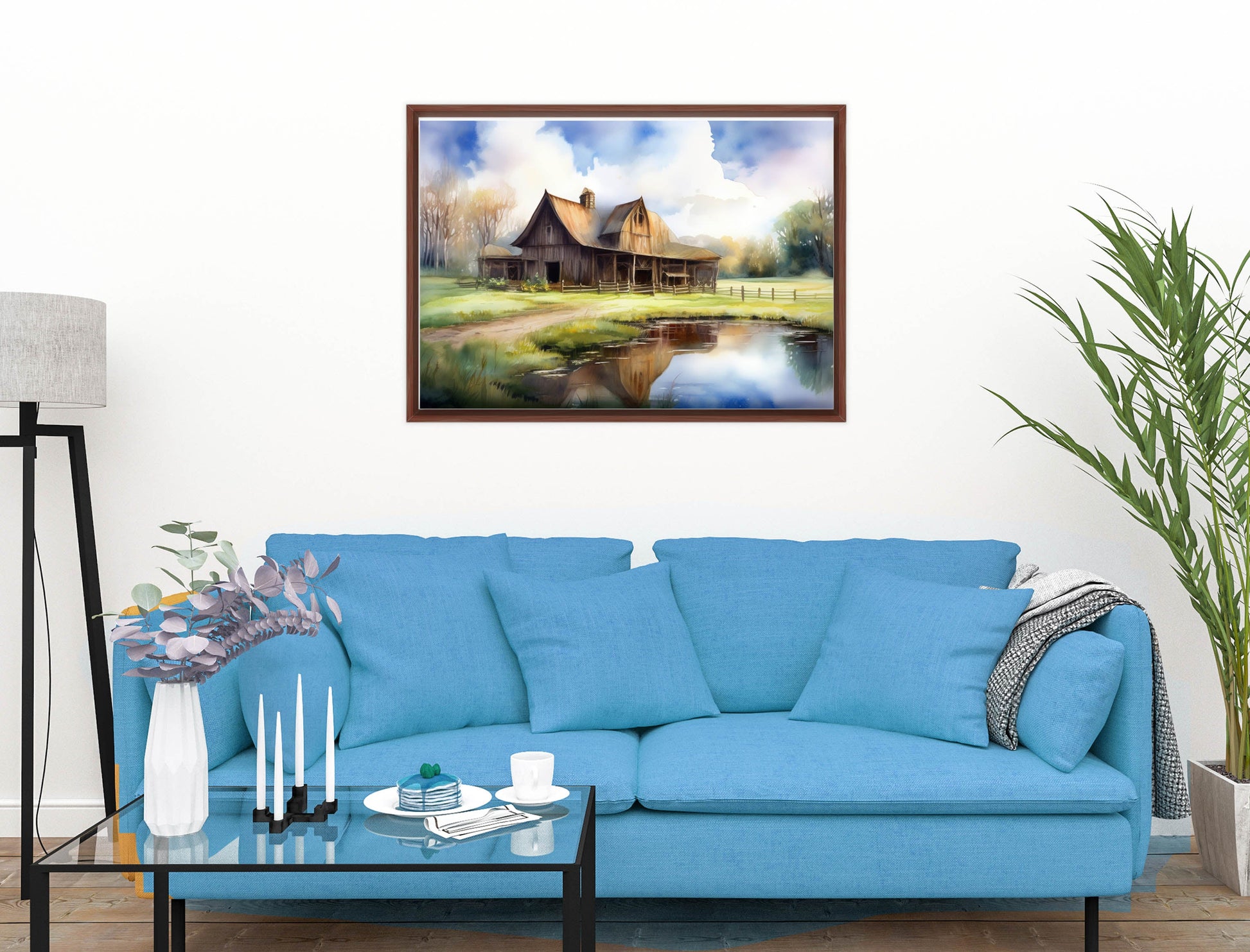 Barn - Evening on the Pond - Canvas Wrap - Mahogany Frame on Living Room Wall-2