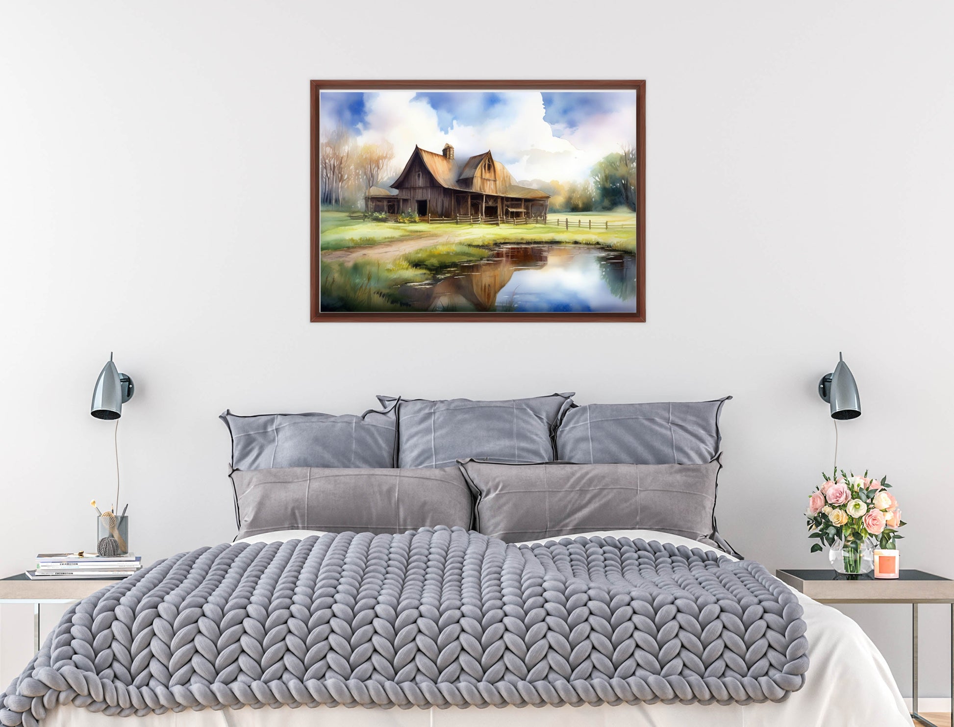 Barn - Evening on the Pond - Canvas Wrap - Mahogany Frame on Bedroom Wall