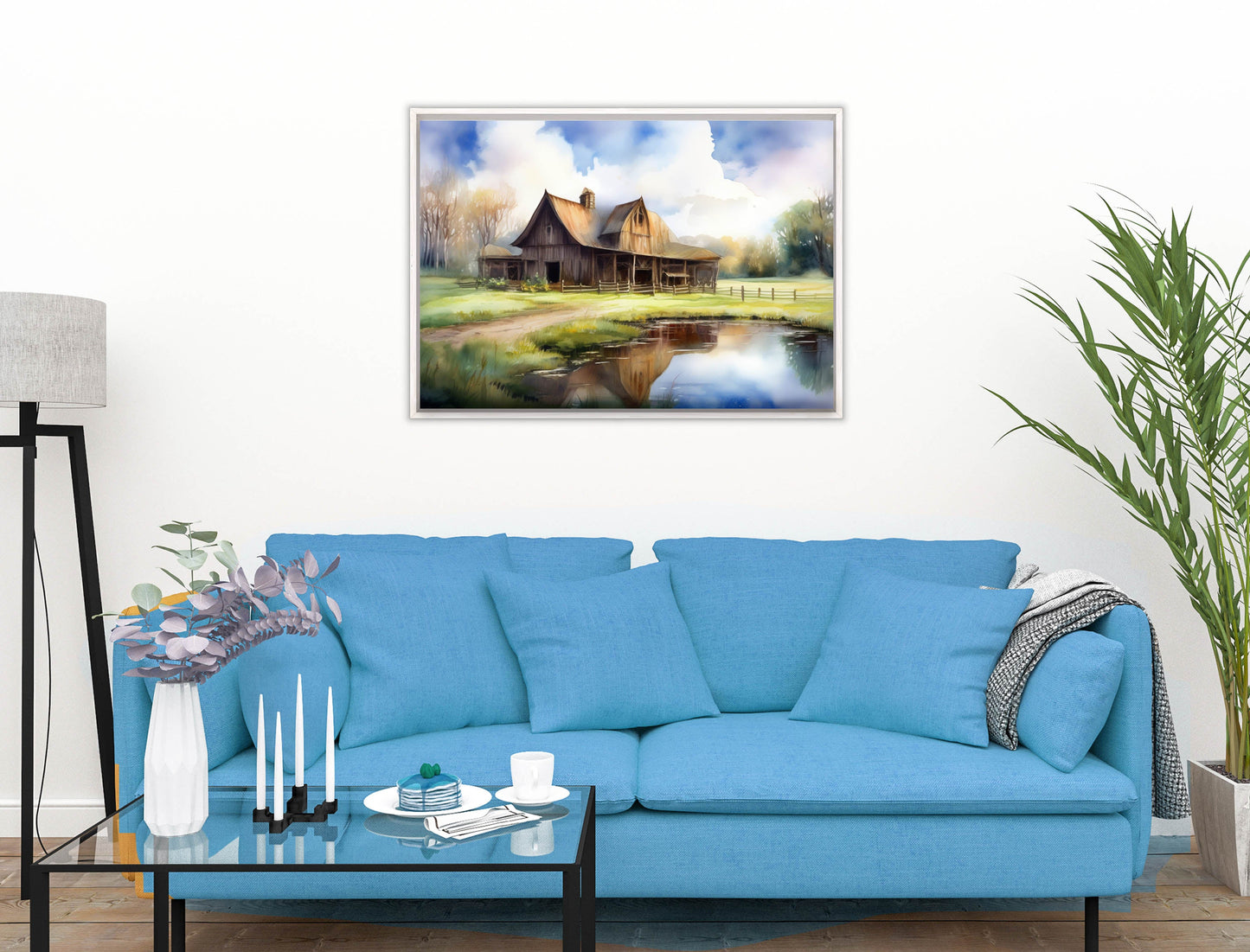 Barn - Evening on the Pond - Canvas Wrap - White Frame on Living Room Wall-2